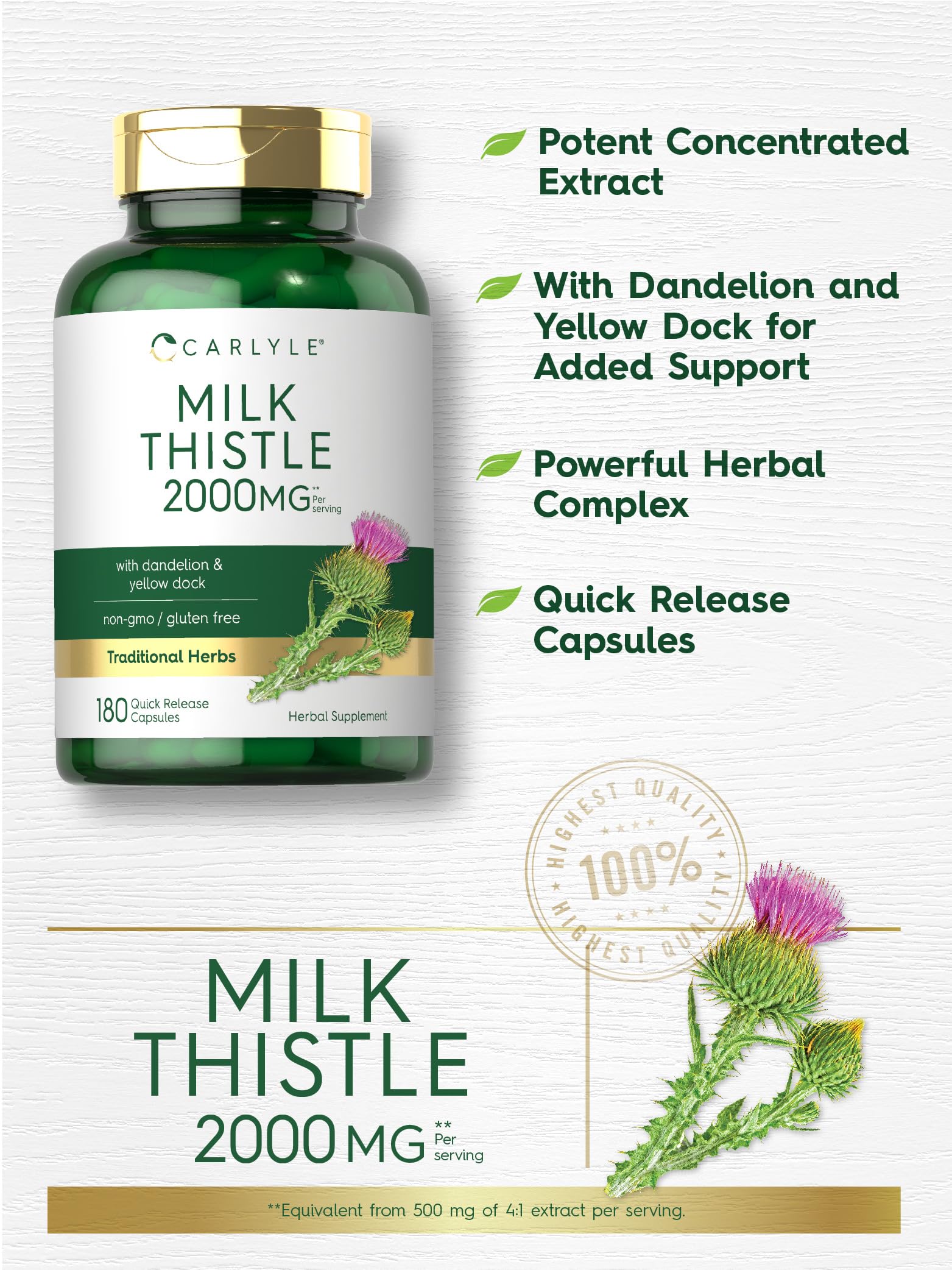 Carlyle Milk Thistle 2000mg Supplement | 180 Capsules with Dandelion & Yellow Dock | Non-GMO, Gluten Free Liver Support | Natural Detox & Digestive Health for Daily Wellness