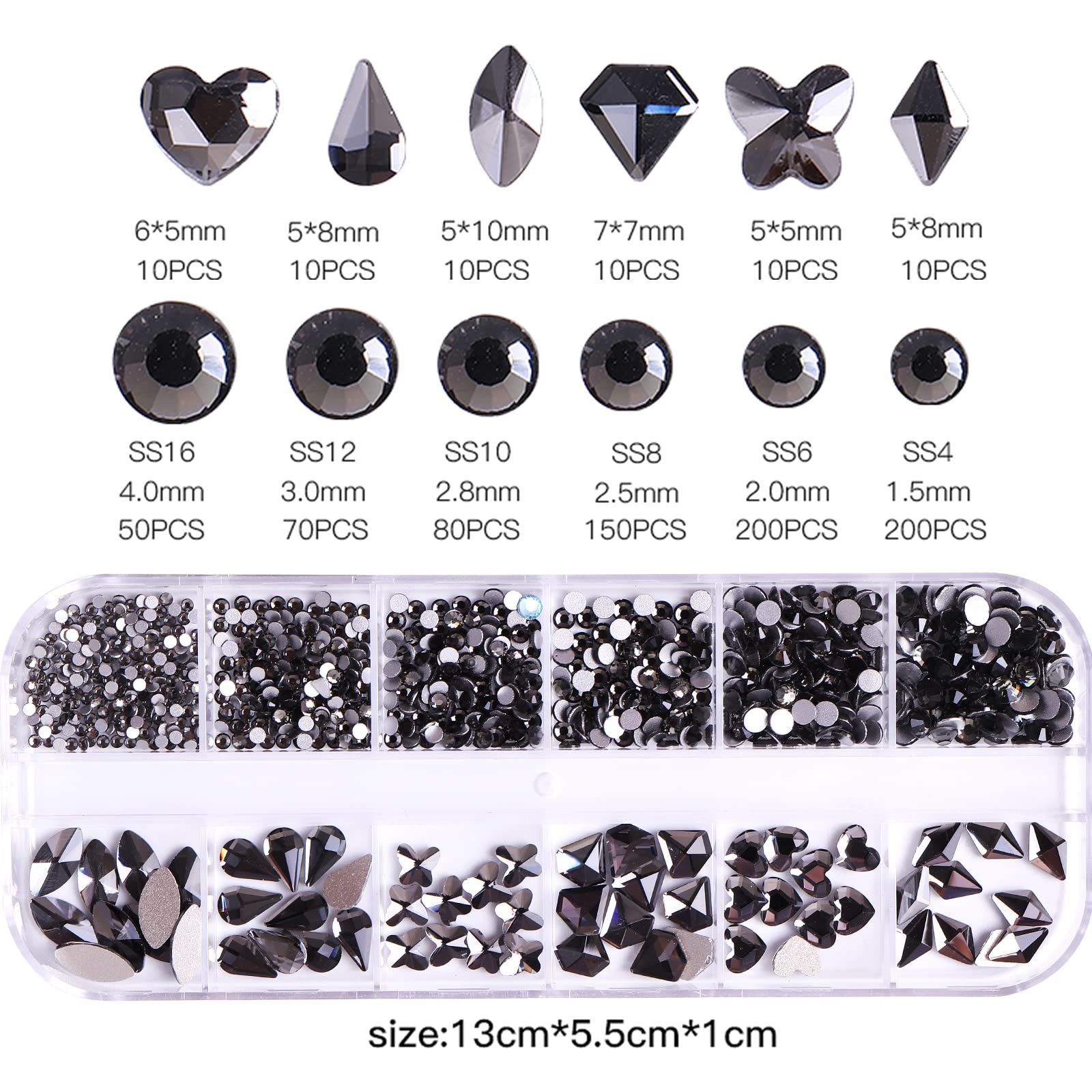 RODAKY 810Pcs 3D Rhinestones for Nails - Flatback Crystal Gems in 6 Shapes for Nail Art, DIY Crafts, Makeup & Jewelry (Black) | Perfect for Salon Nail Designs, Home Manicures & Creative DIY Projects