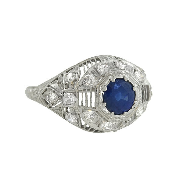 Art Deco Platinum Sapphire & Diamond Filigree Ring 0.91ct - Vintage Inspired Jewelry for Weddings, Anniversaries & Special Occasions