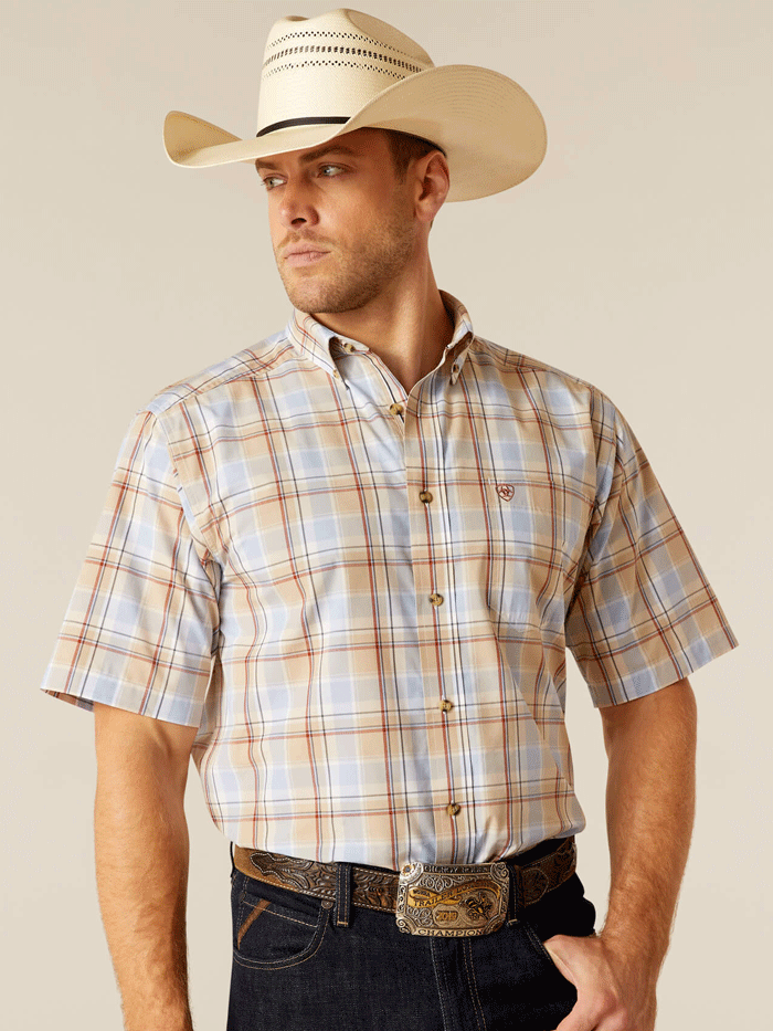 Ariat Men's Pro Series Denzel Classic Fit Short Sleeve Shirt - Beige | Western Work Shirt for Ranch, Rodeo & Casual Wear