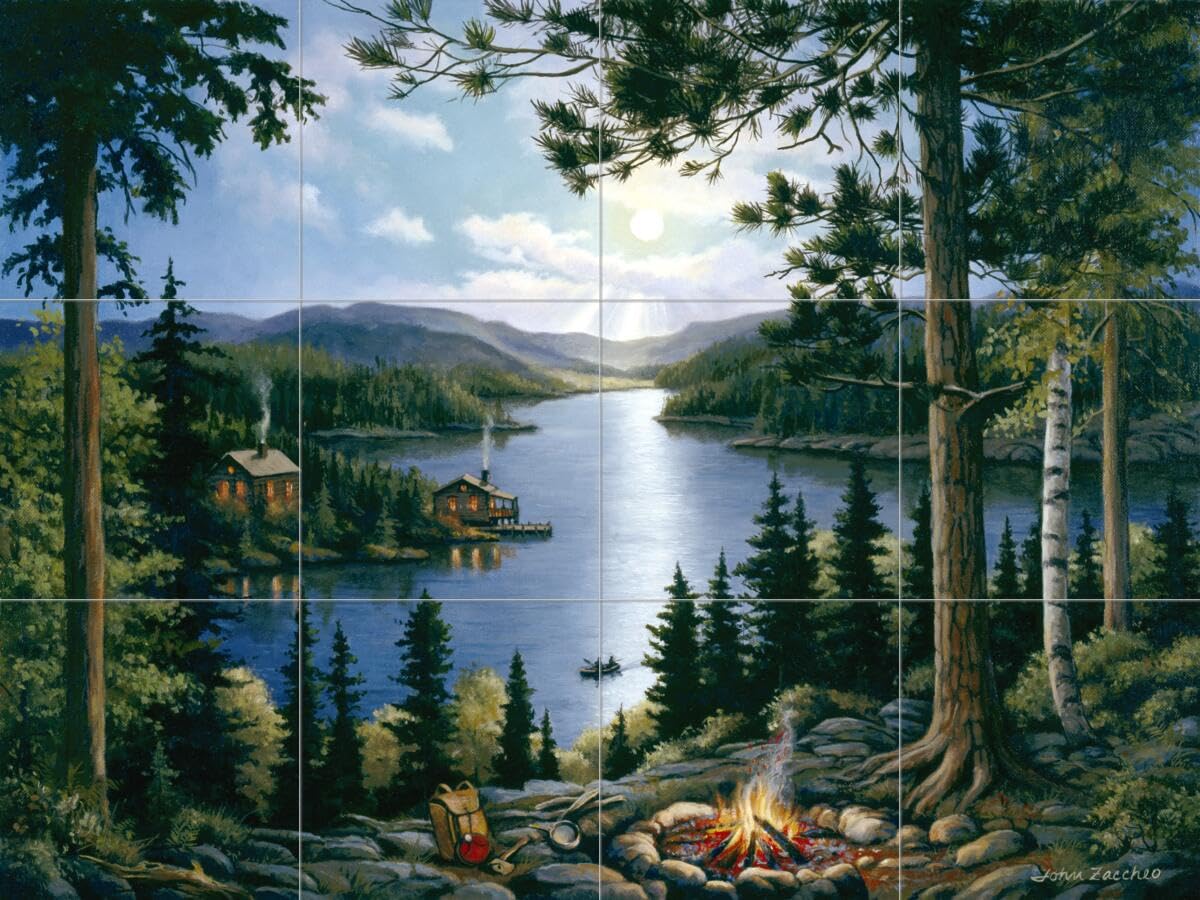 Ceramic Backsplash Tile Mural - Woodland Landscape Cabin in The Woods Design for Kitchen, Bathroom & Living Room - John Zaccheo Collection | Perfect for Rustic, Cabin & Nature-Themed Home Decor