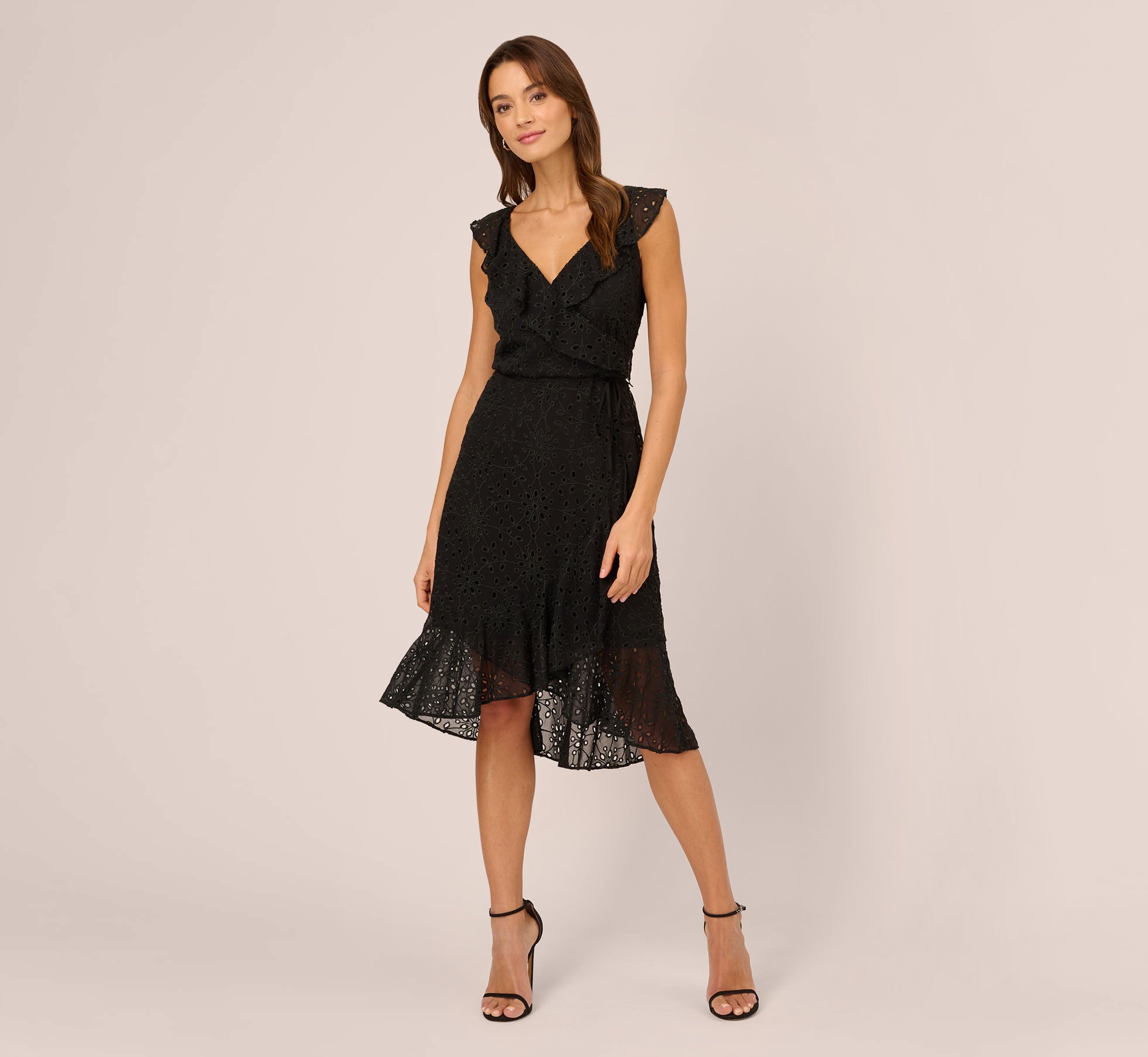 Elegant Black Eyelet Faux Wrap Midi Dress with Ruffle Details - Perfect for Summer Weddings, Garden Parties & Date Nights