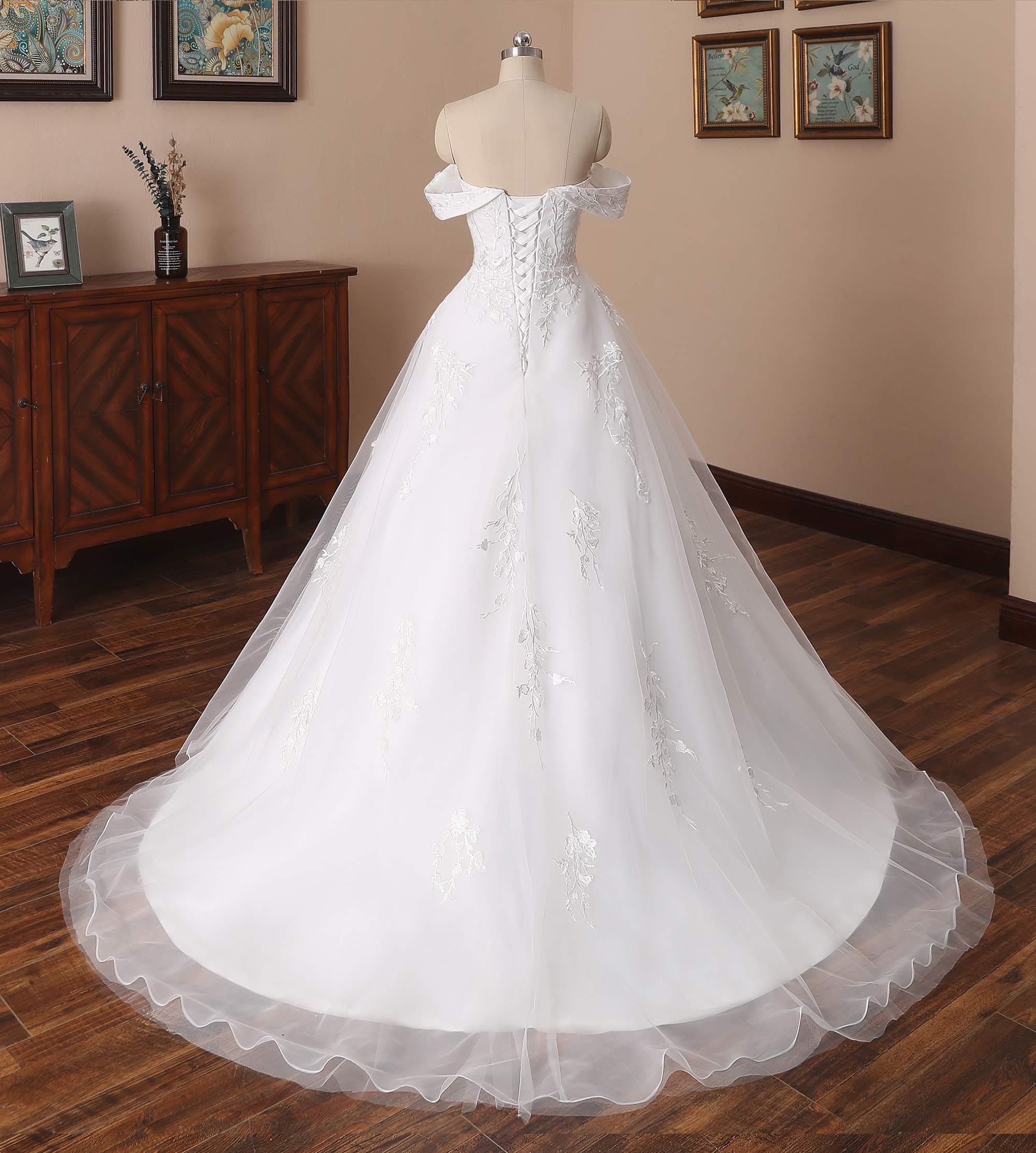 Elegant A-Line Lace Train Wedding Dress for Bride - Off Shoulder Strapless Long Tulle Gown with Applique Details | Perfect for Church Ceremonies, Beach Weddings & Romantic Photoshoots