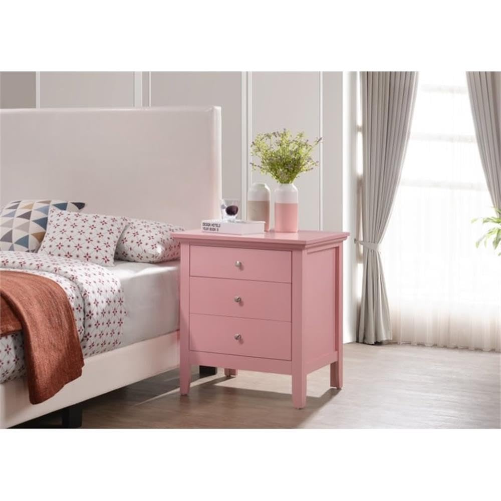 Pink Hammond 3-Drawer Nightstand by Glory Furniture - Modern Bedside Table for Bedroom, Guest Room & Nursery Storage