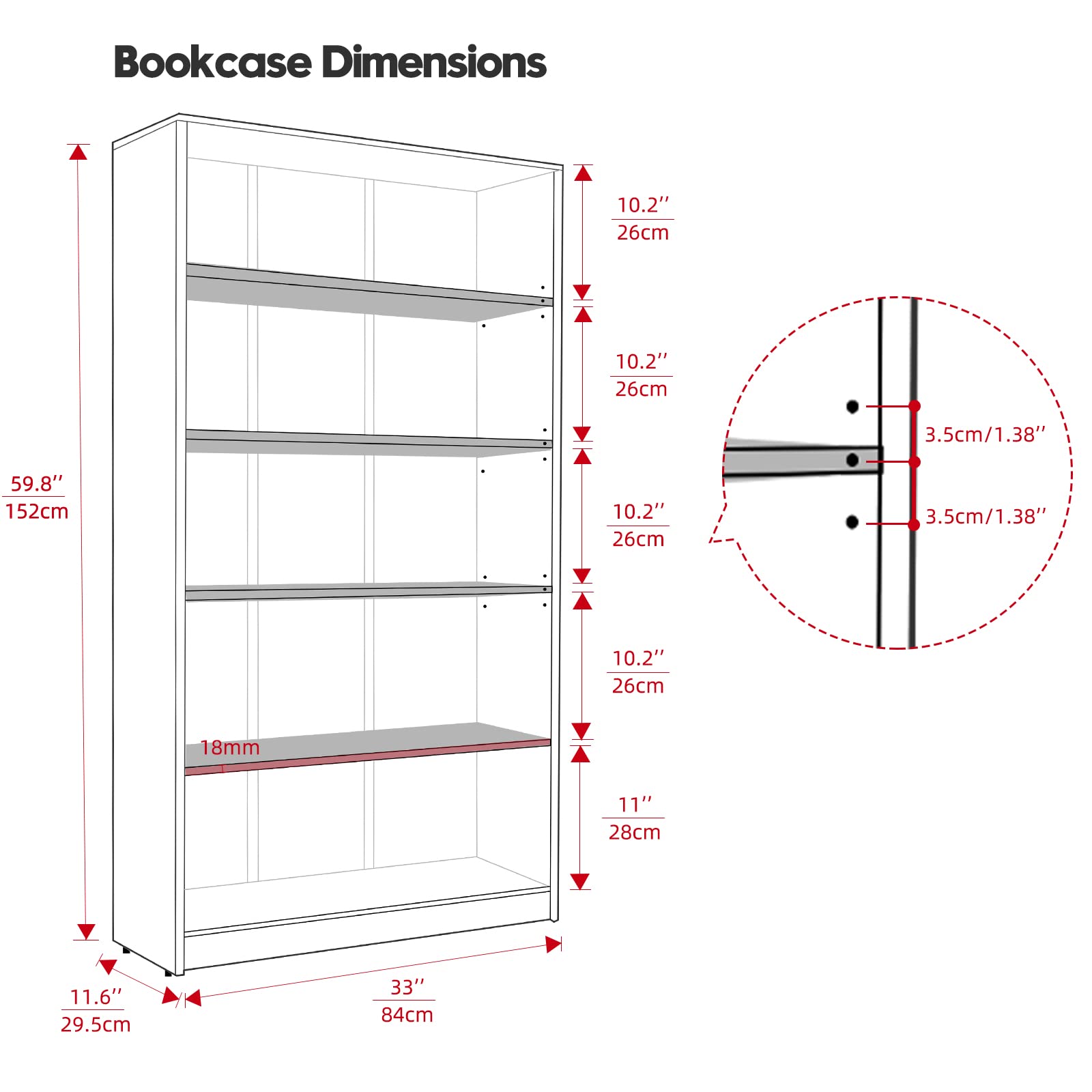Sunon 5-Shelf Wood Bookcase - Freestanding Display Bookshelf for Home, Office & School - 11.6