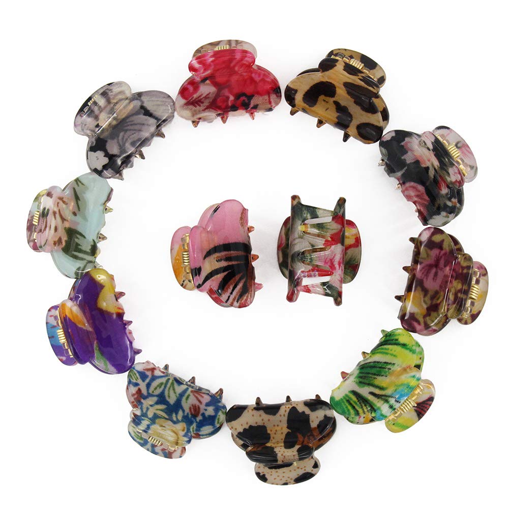 Mini 1.2 Inch Plastic No-Slip Grip Jaw Hair Clips for Women & Girls - Floral Printed Small Acrylic Hair Claw Clips - Non-Slip Hair Accessories - Pack of 12 - Perfect for School, Work, Travel & Everyday Styling