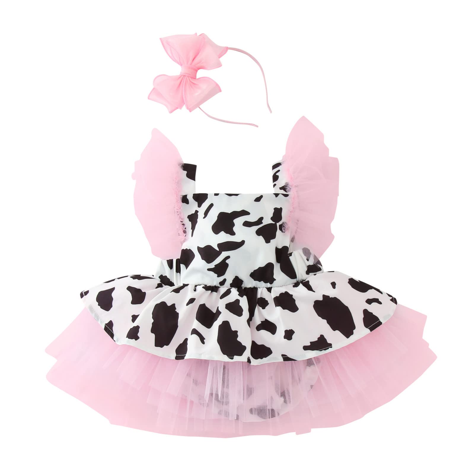 Adorable Cow Print Tulle Romper Dress for Baby Girls 6-12 Months | Soft Infant Summer Outfit | Perfect for Photoshoots, Birthday Parties & Playdates (Multicolor)