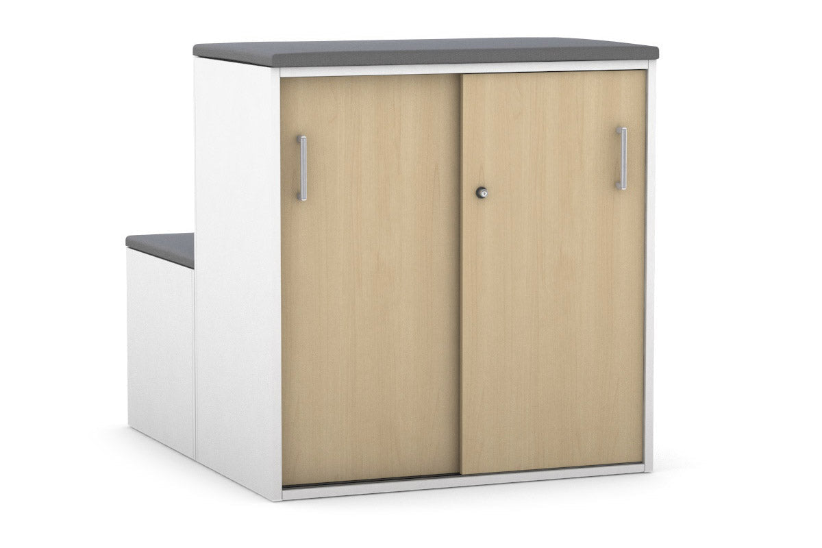 Med Sliding 2 Door Credenza with Low Sliding Doors & Seat Cushion - Silver Handle | Uniform Activity Module for Medical Offices & Healthcare Facilities