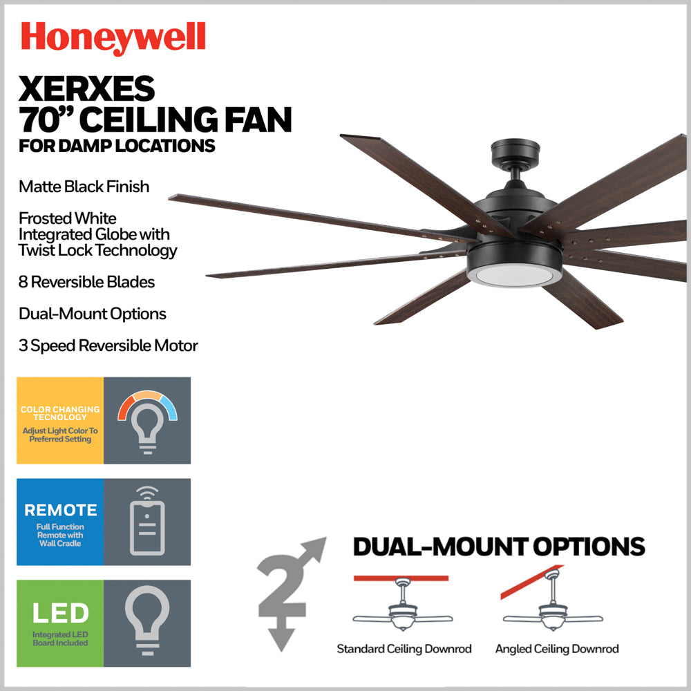 70 Inch Honeywell Xerxes Matte Black Smart LED Ceiling Fan with Remote Control - Dimmable Light, 6 Speeds, Reversible Blades for Living Room, Bedroom, and Office
