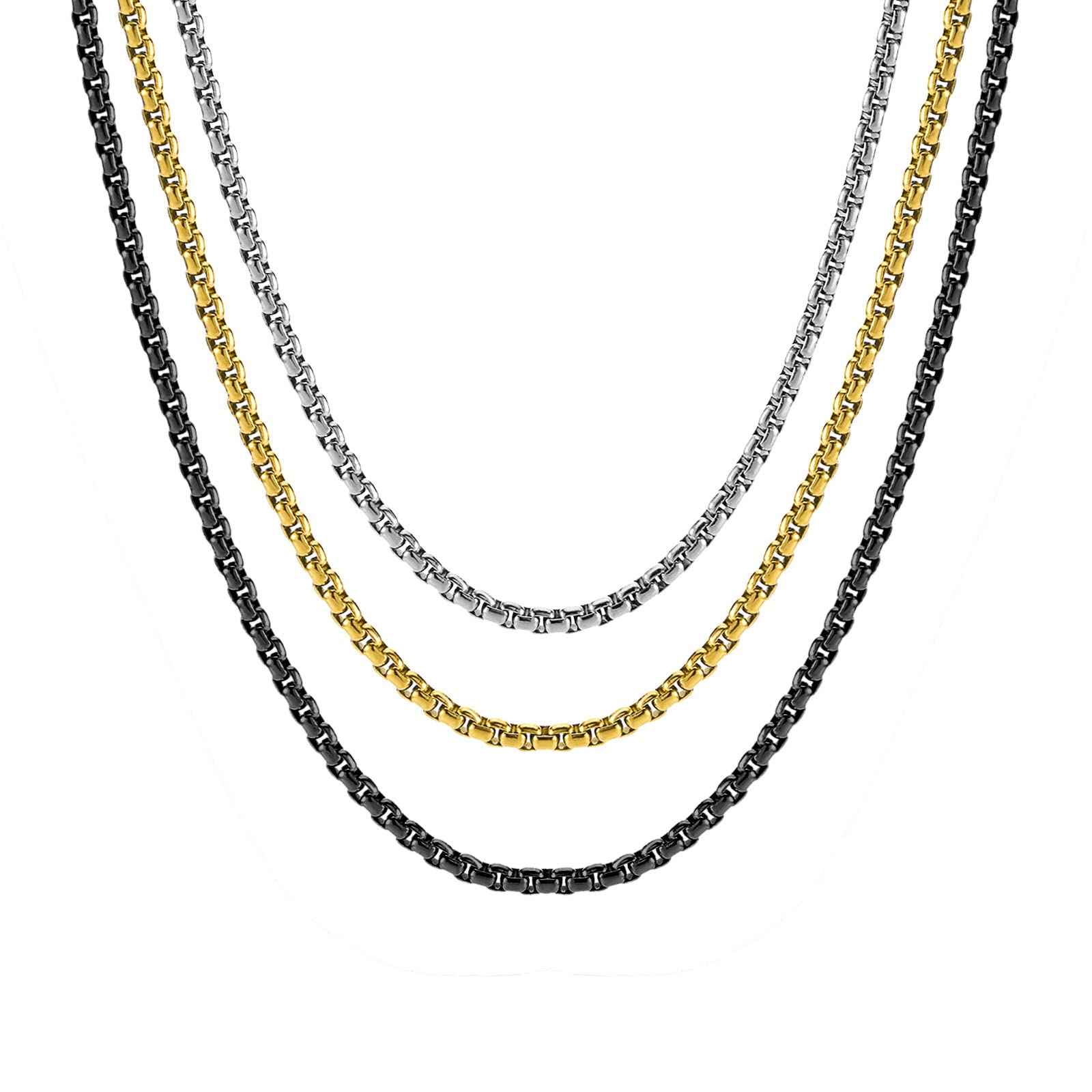 3Pcs Stainless Steel Box Chain Necklace Set - Silver, Black & Gold Plated Square Role Chains for Pendants - Unisex Jewelry Gift with Elegant Box - Perfect for Daily Wear, Parties & Special Occasions
