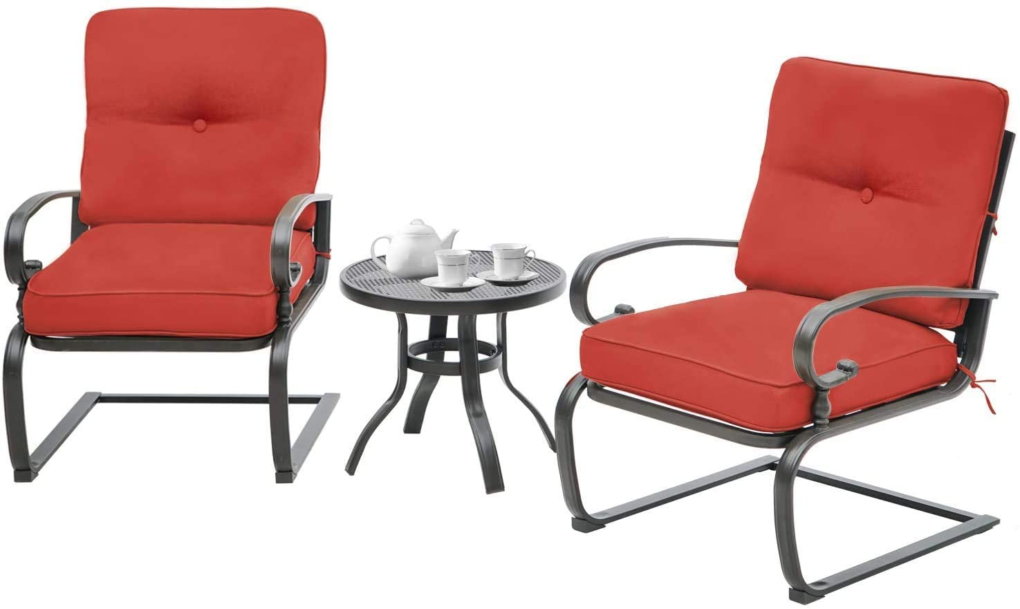 SOLAURA 3-Piece Outdoor Patio Furniture Set - Iron Frame Bistro Chairs with Cushions & Side Coffee Table - Red - Perfect for Garden, Backyard, and Poolside Relaxation
