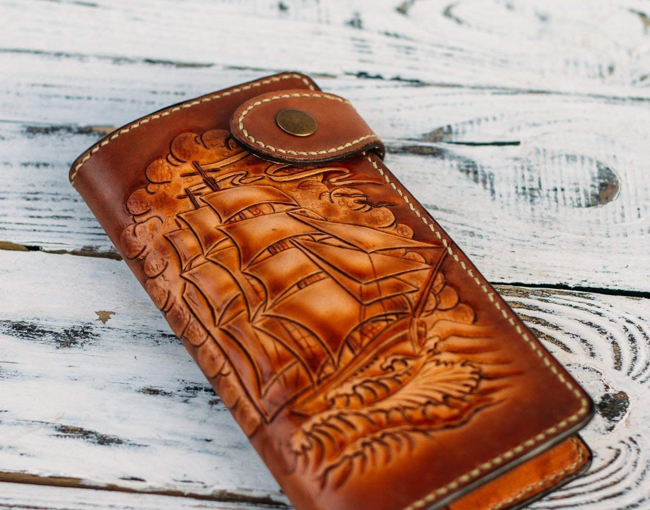 3D Genuine Leather Men's Wallet - Sailboat Anchor Yacht Design, Handmade Biker Long Wallet with Airbrush Art, Custom Personalized Carved Leather Wallet for Men | Perfect Gift for Sailors, Bikers & Travel Enthusiasts