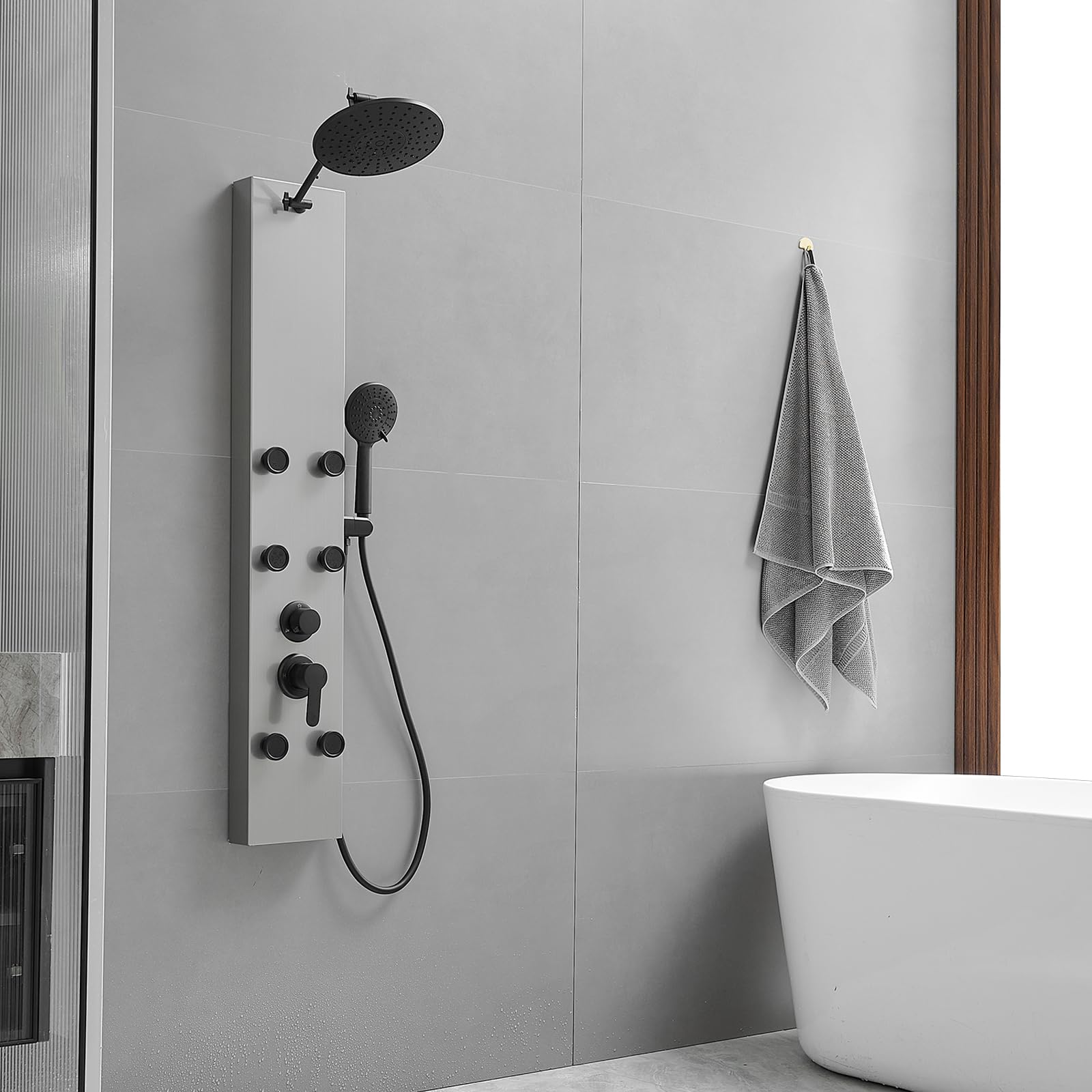 Premium Stainless Steel Shower Panel System - Adjustable Rainfall Shower Head with 6 Body Jets & 4-Setting Handheld Shower - Wall Mounted Bathroom Spa System in Brushed Nickel - Perfect for Luxury Home Renovation and Spa-Like Shower Experience
