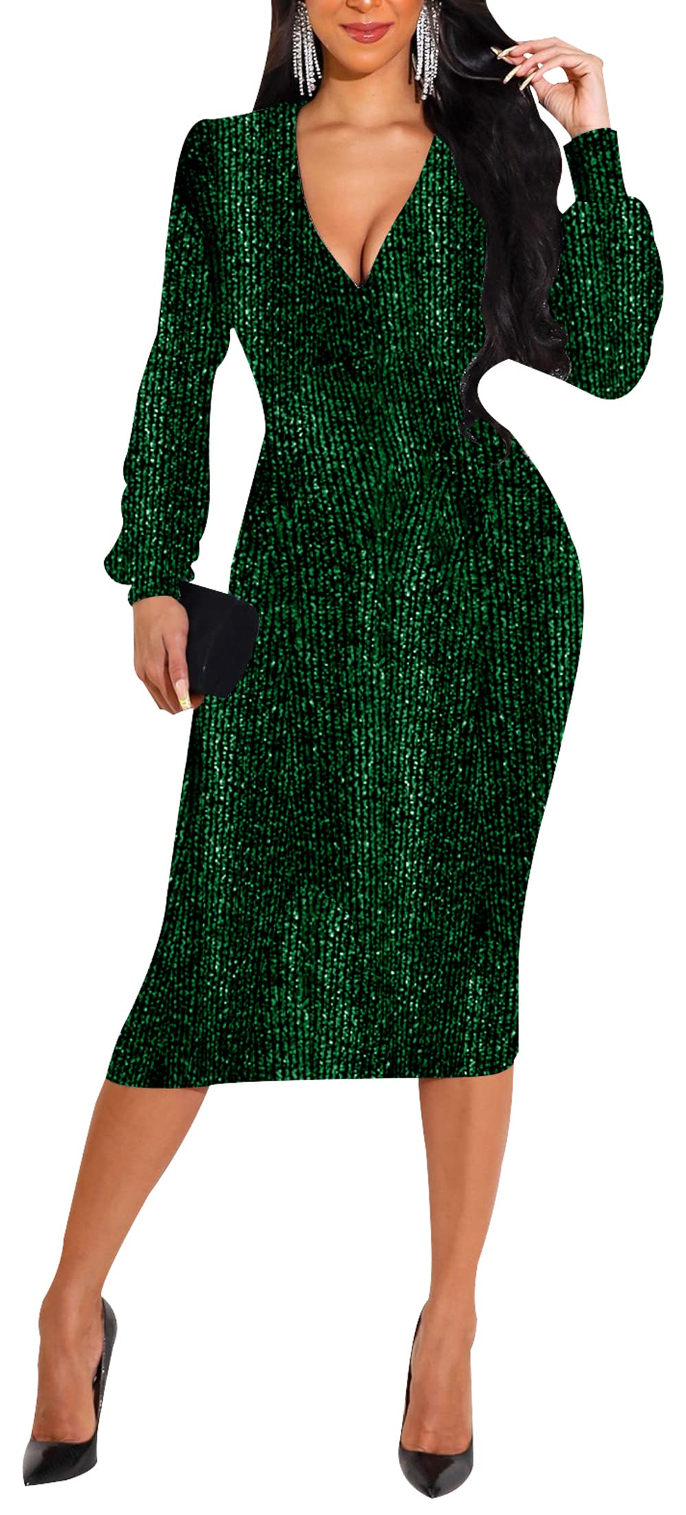 Sparkly Sequin Bodycon Dress for Women - Long Sleeve Club Party Midi Dress | Perfect for Night Out, Holiday Parties & Special Occasions