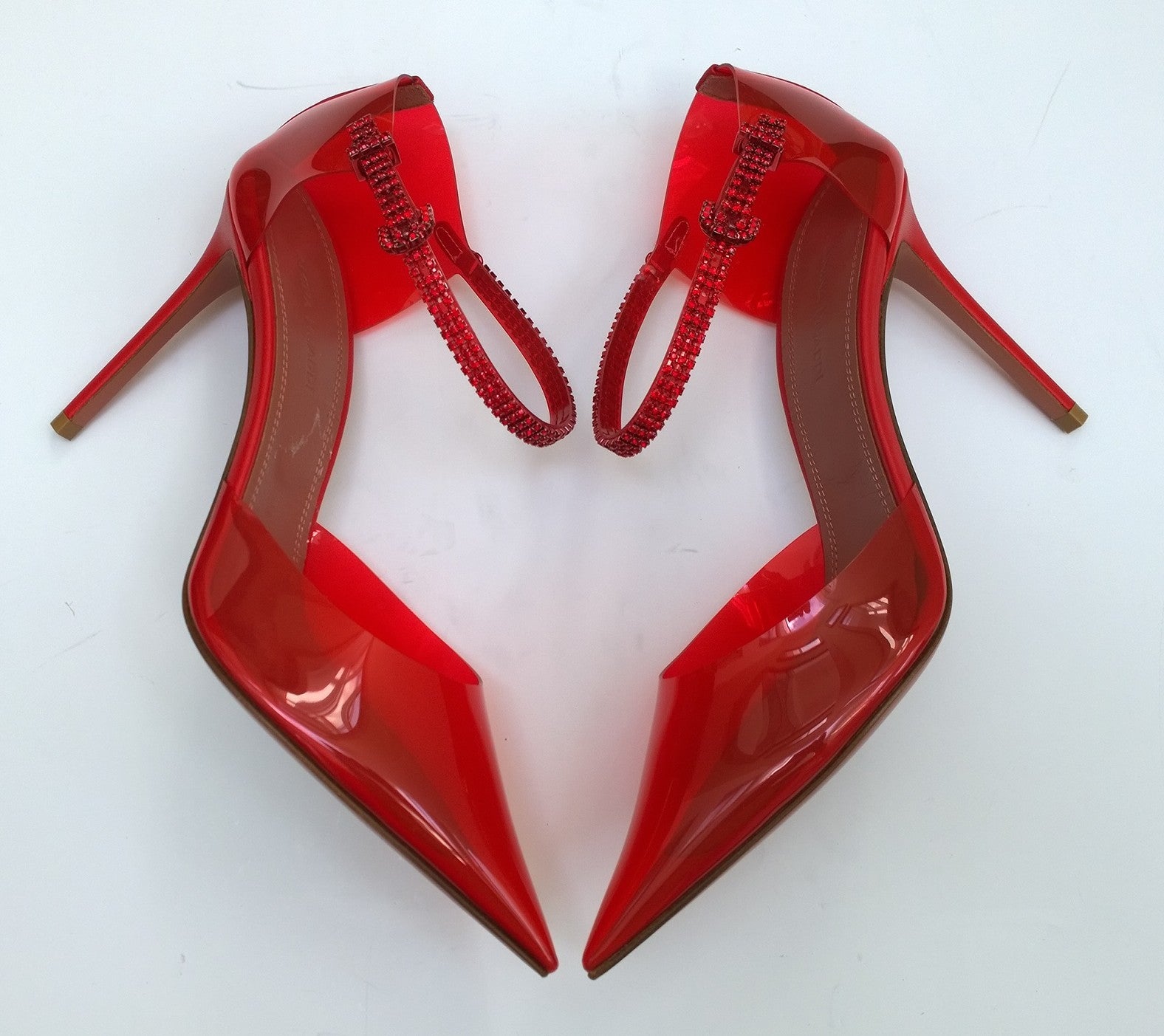 Amina Muaddi Ursina Red PVC Rhinestone Ankle Strap Heels - Elegant Glass Pumps for Women | Perfect for Parties, Weddings & Special Occasions