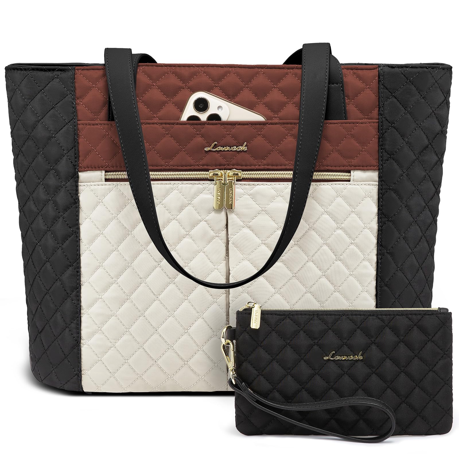 LOVEVOOK 15.6 Inch Diamond Quilted Laptop Bag for Women - Stylish Work Tote, Travel Shoulder Bag & Briefcase with Clutch Purse (Brown/Black/White) | Perfect for Office, Business Travel & Daily Commute