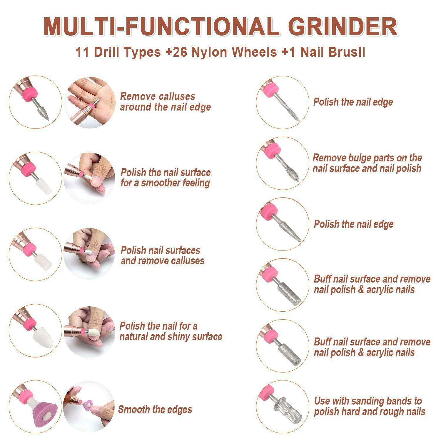 Professional Electric Nail Drill Kit - 12 in 1 Portable Manicure & Pedicure Machine with 12 Nail Art Tips, Builder Brush & Painting Brush | Perfect for Home Salon, Nail Art DIY & Professional Nail Care