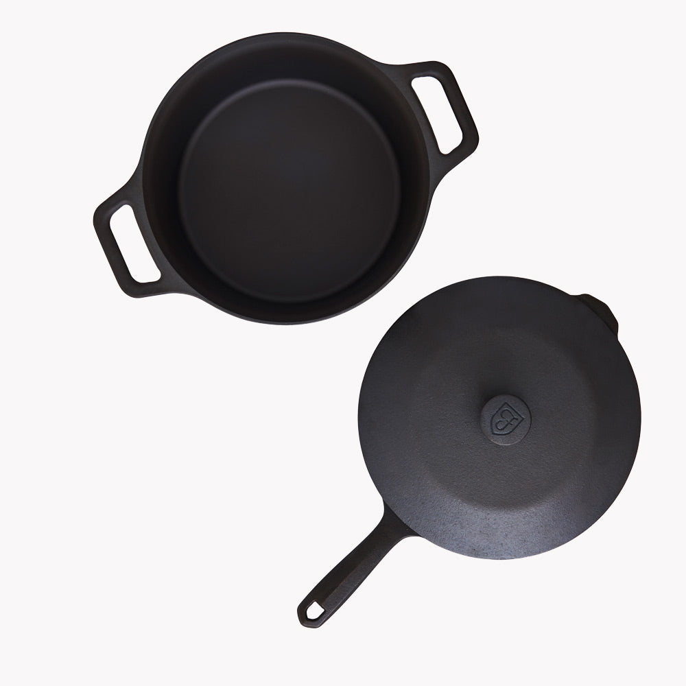 Premium No.8 Cast Iron Field Skillet & Dutch Oven Set - Heavy Duty Cookware for Camping, Outdoor Cooking & Home Kitchen Use