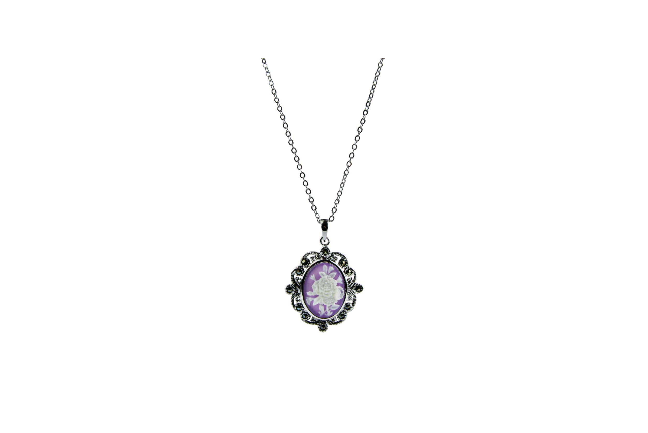 12PC Wholesale Women's Lavender Rose Cameo Pendant Necklace with Marcasite Accents - Vintage Jewelry for Weddings, Parties & Gift Giving