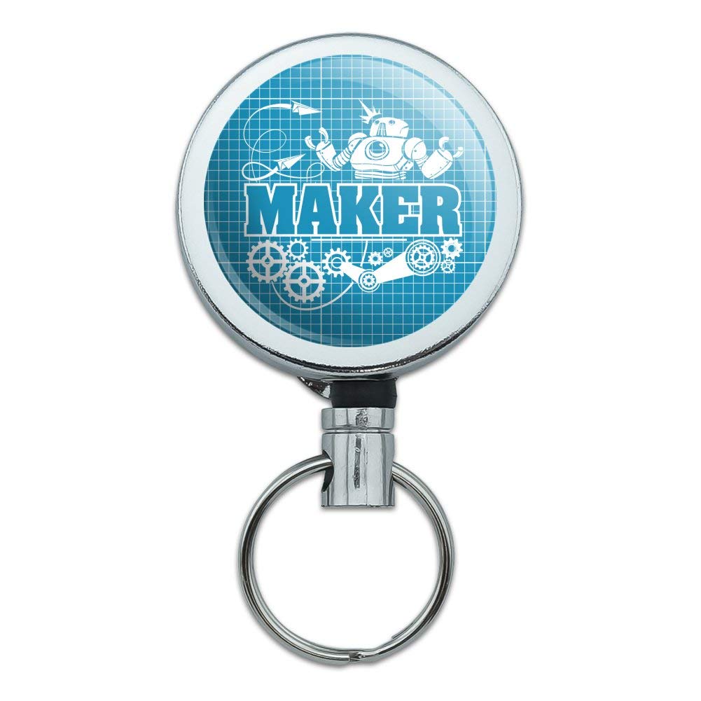Premium Heavy Duty Metal Retractable ID Badge Holder with Robot & Gears Blueprint Design - Key Card Tag Reel with Secure Belt Clip for Office, Security, Hospital & Construction Work