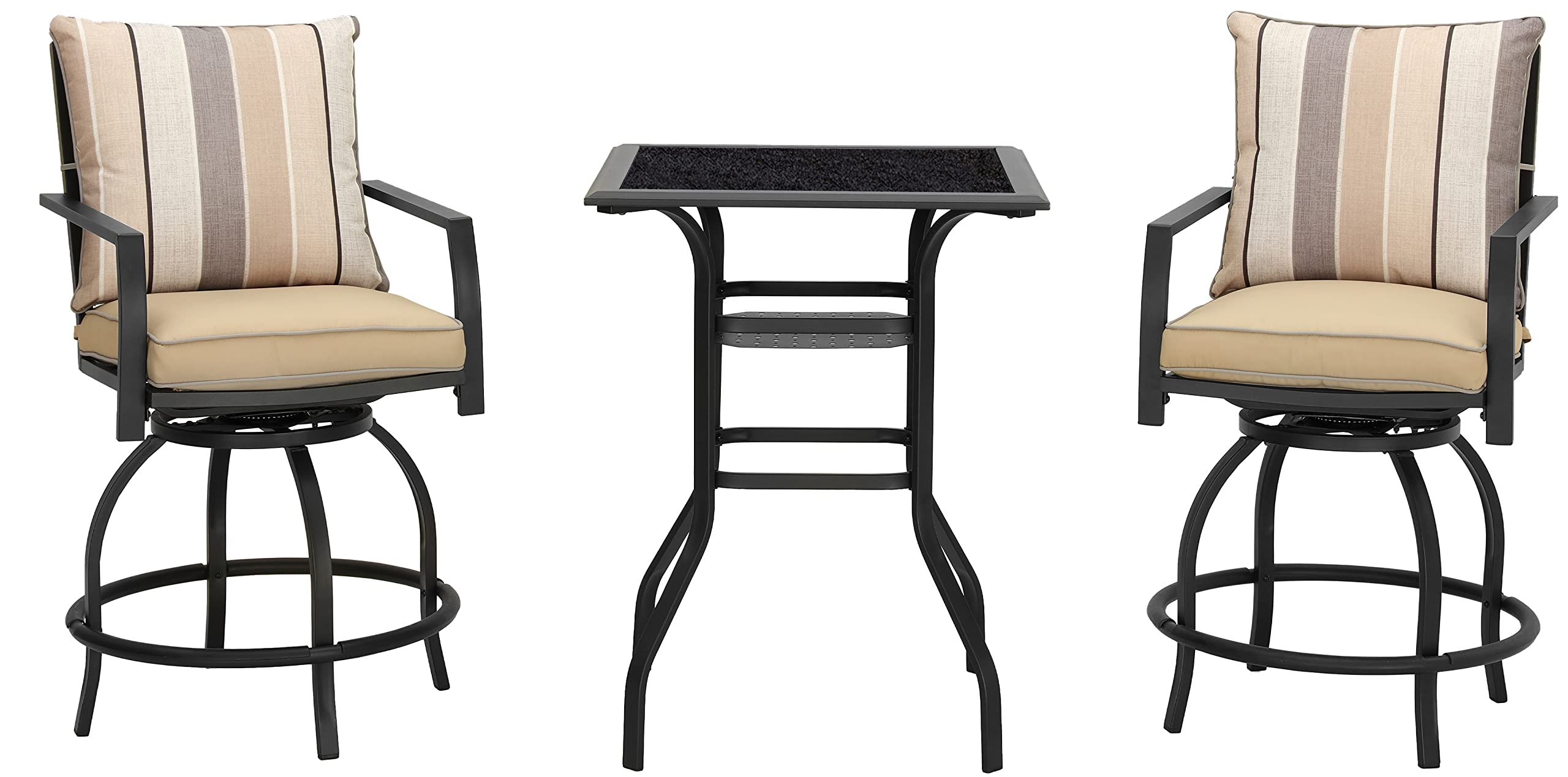 LOKATSE HOME 3-Piece Outdoor Swivel Bar Stool Set with Cushions & Coffee Table - Patio Bistro Furniture, Beige - Perfect for Backyard, Poolside & Garden Relaxation
