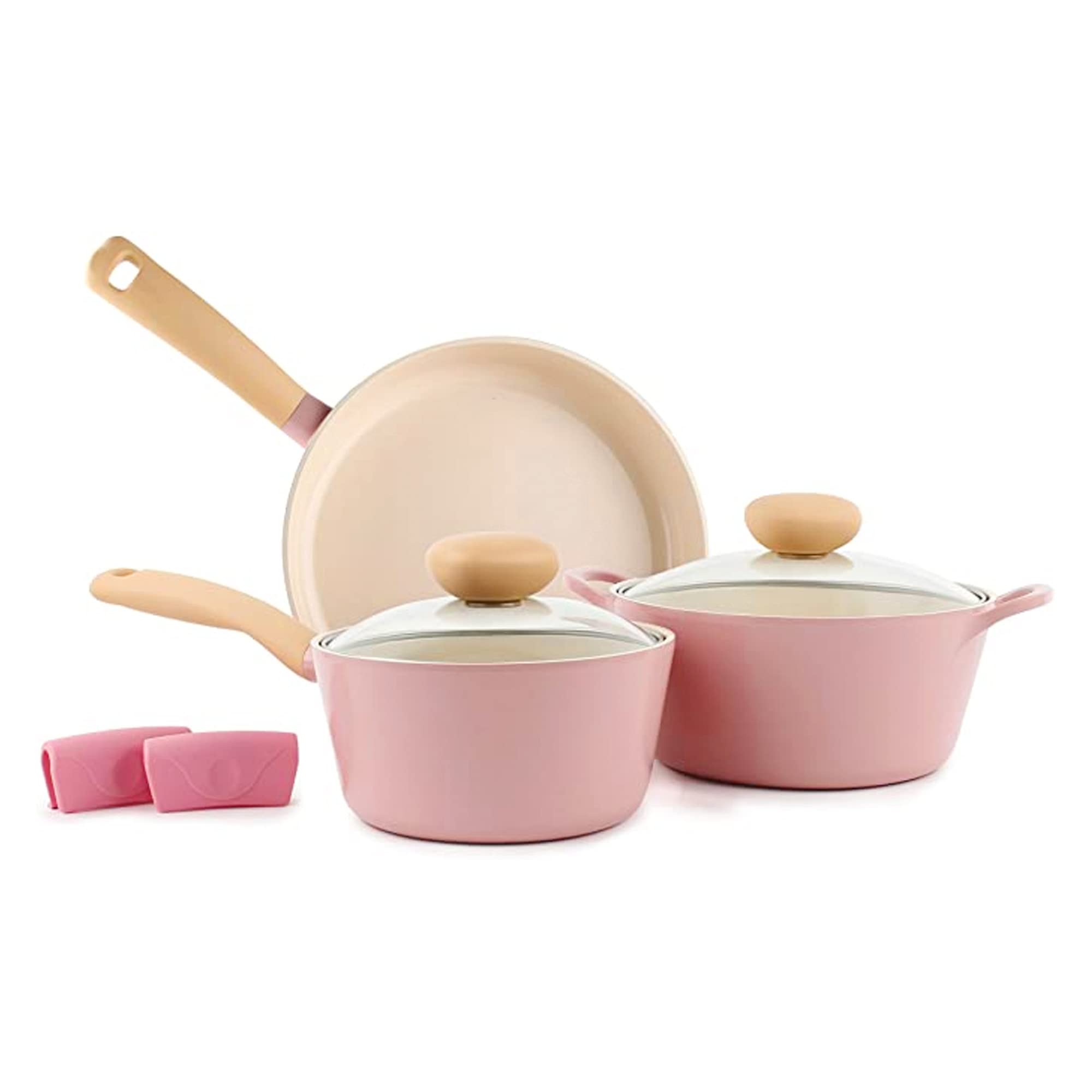 Neoflam Retro 5-Piece Ceramic Nonstick Cookware Set - PFOA Free Pots and Pans with Steam Vent Lids & Heat Resistant Silicone Handles - Safe Cooking for Home Kitchen, Perfect for Boiling, Frying & Sauteing - Pink
