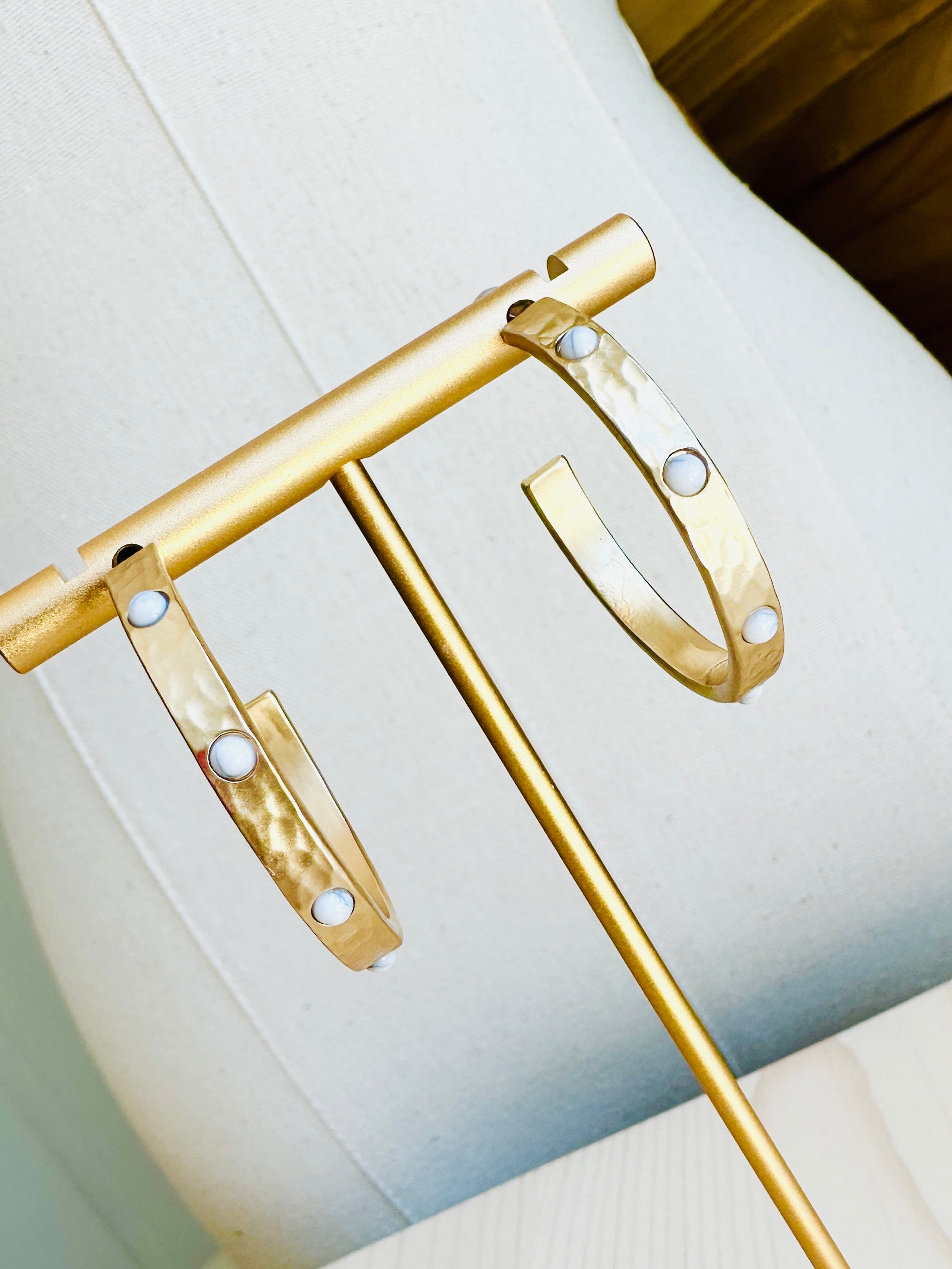 Hammered Gold & White Stone Hoop Earrings for Women - Elegant Dangle Statement Jewelry for Party, Wedding & Everyday Wear