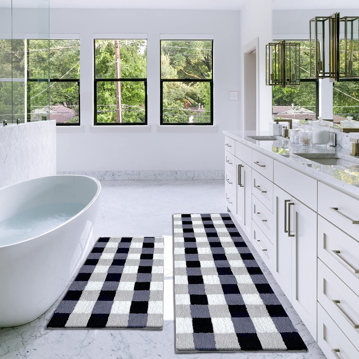 EARTHALL Buffalo Plaid Bathroom Rug Set - 2 Piece Non-Slip Washable Microfiber (20”x30” + 20”x60”) - Soft Absorbent Kitchen & Floor Mats for Bathroom, Hallway, Laundry & Office - Perfect for Cozy Home Decor & High-Traffic Areas
