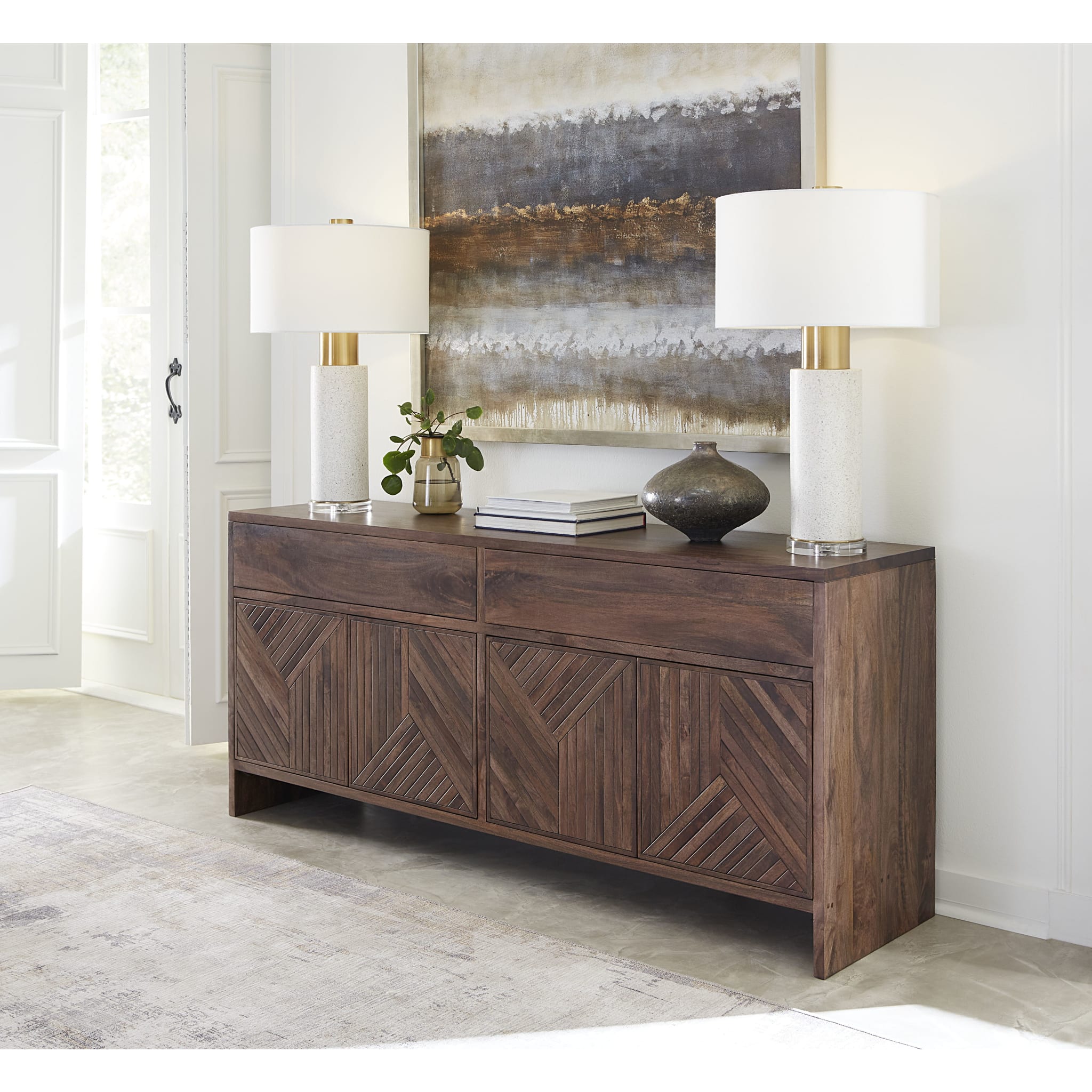 Fevano 4-Door 2-Drawer Solid Wood Sideboard Buffet Cabinet - Smoked Brown Finish - Perfect for Dining Room Storage, Living Room Organization & Entryway Decor