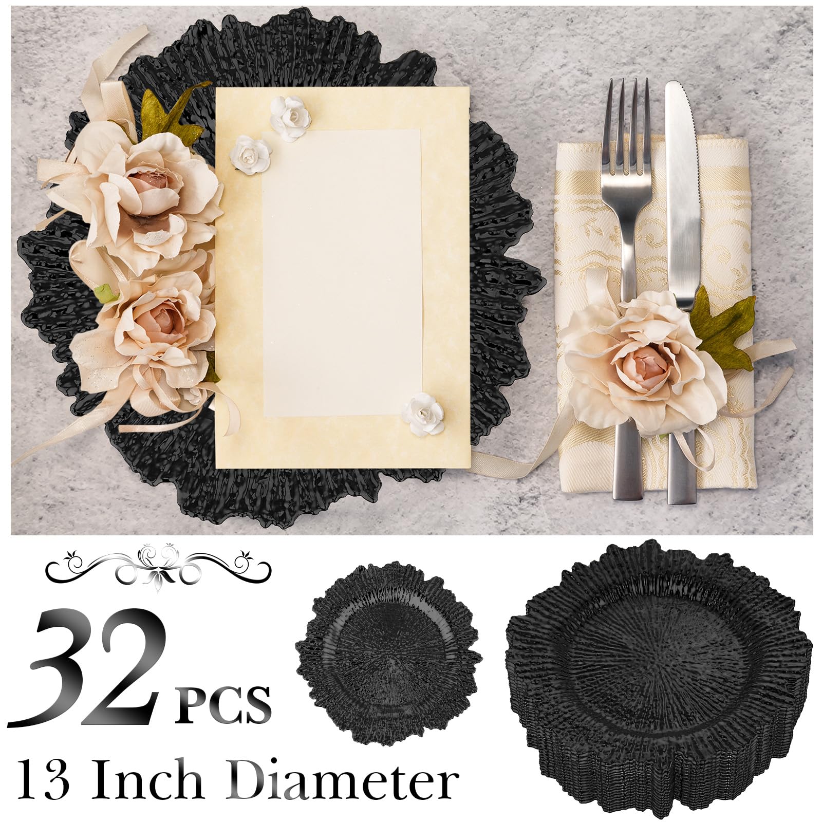 32 Pack Black Plastic Charger Plates Set - 13 Inch Floral Decorative Dinner Plates for Wedding, Party & Table Setting - Elegant Serving Trays for Reef Themed Events & Home Decor