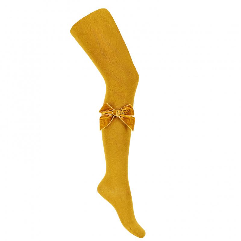 Mustard Velvet Bow Tights for Women - Soft Stretchy Comfortable Leggings - Perfect for Christmas, Party, Dance & Special Occasions