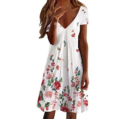 Women's Floral Print V-Neck Short Sleeve Shirt Dress - Casual Summer Beach Sundress in White (XL) | Perfect for Vacations, Picnics, and Outdoor Activities