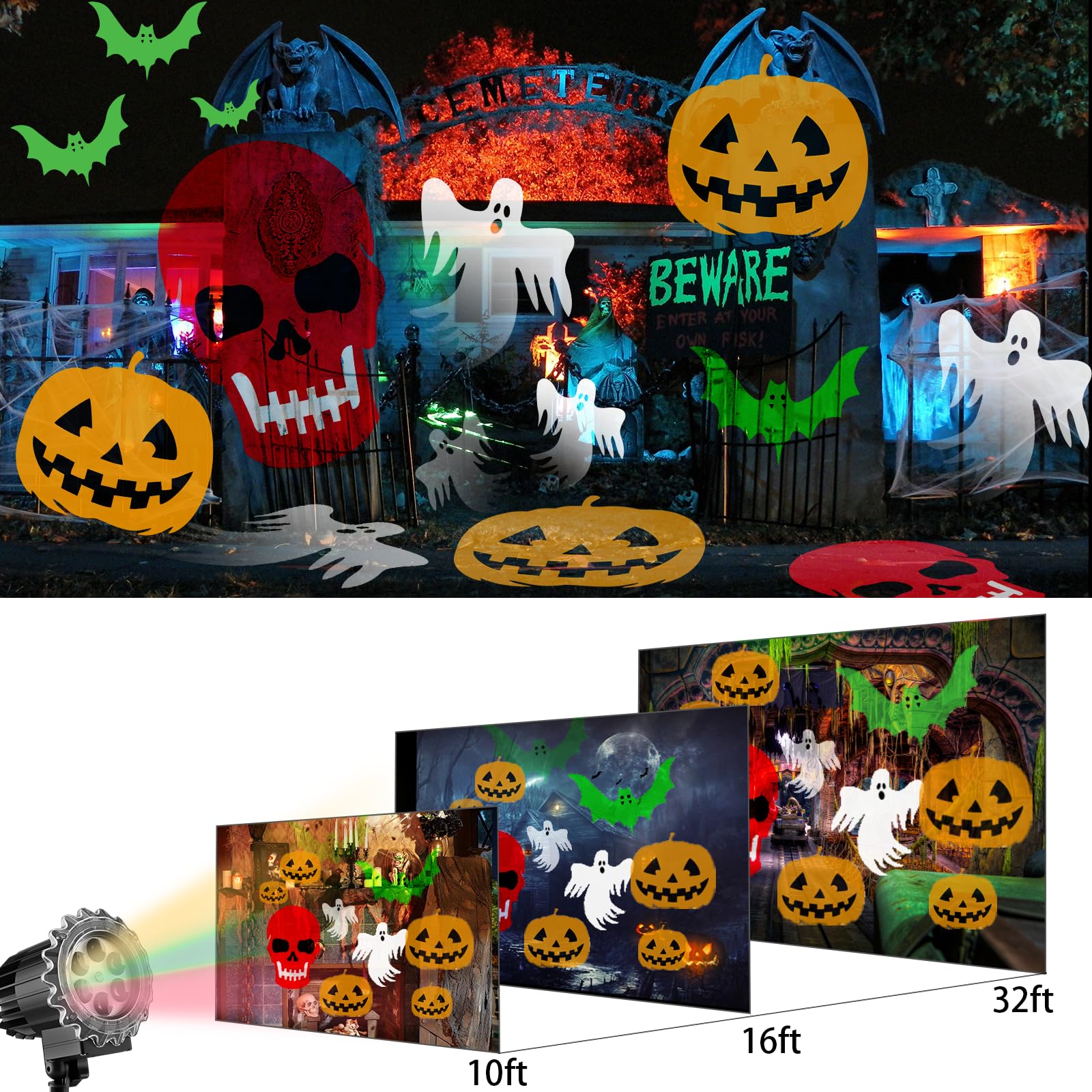 2024 Upgraded Halloween Projector Lights Outdoor - Skeleton Ghost Bats Pumpkin Decor with Brighter LED for House, Window, Garden - Perfect for Halloween Party, Yard Decoration & Spooky Atmosphere
