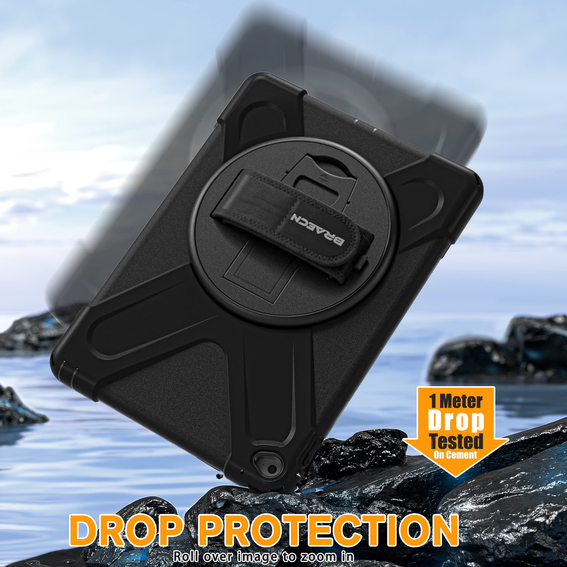 BRAECN Shockproof Rugged Case for iPad Air 2 (9.7 Inch, 2nd Generation 2014 Model A1566/A1567) - Hybrid Protective Cover with Kickstand & 360° Rotatable Hand Strap - Perfect for Kids, Travel, and Outdoor Use - Black