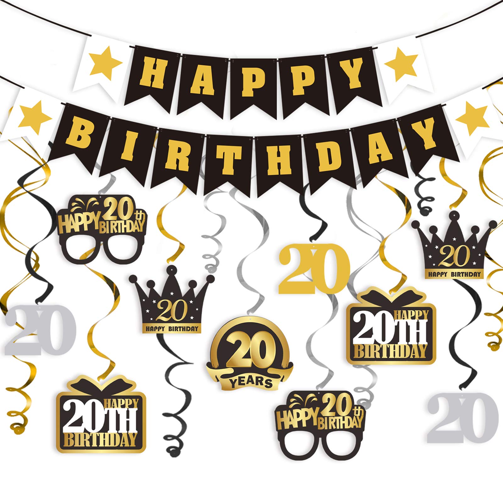 LINGTEER 20th Birthday Party Decorations Set - Swirl Streamers, Happy Birthday Banner & Hanging Backdrop for Twenty Years Old Celebration | Perfect for Bday Parties, Milestone Events & Photo Backdrops