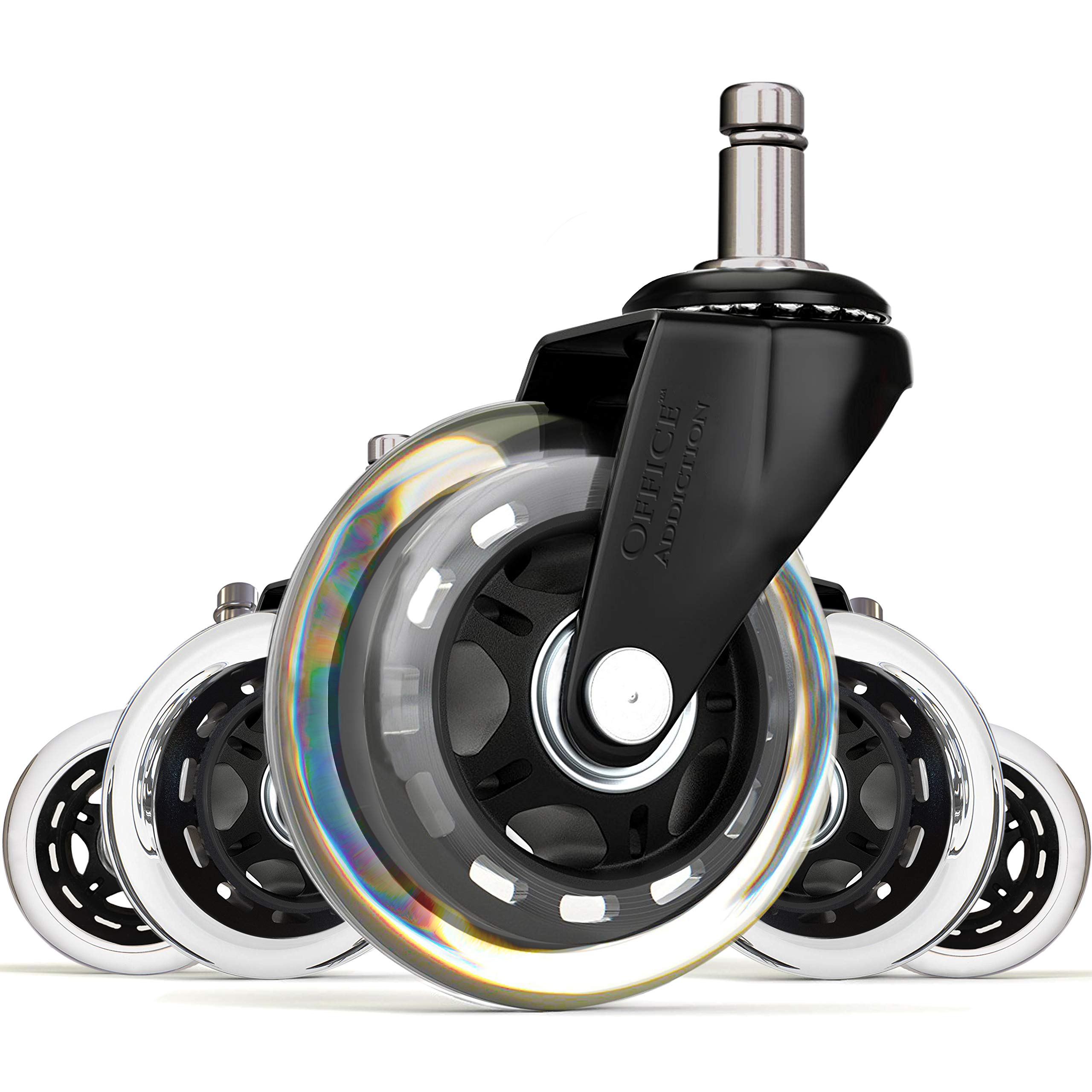 (Set of 5) Heavy Duty 3-Inch Office Chair Replacement Wheels - Ball Bearing Swivel Casters for Hardwood Floors - Black/Clear - Safe for Hardwood, Tile & Carpet - Perfect for Home Office, Gaming Chair & Workspace