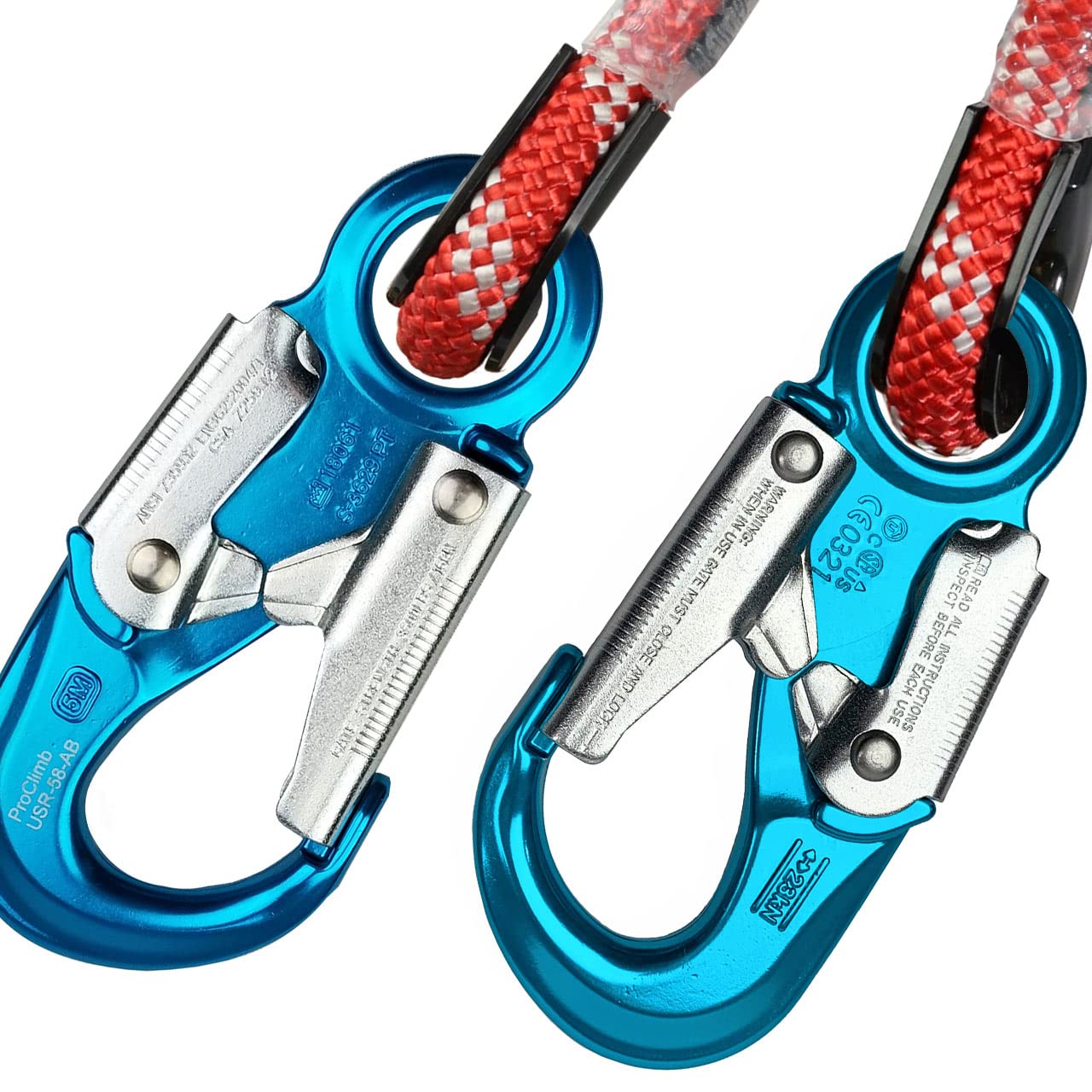 Red-3 2-in-1 Prusik Positioning Lanyard for Rock Climbing & Fall Protection - 1/2 Inch Static Kernmantle Rope (10ft Length, 5,400lb MBS) with 3 Aluminum Safety Snap Hooks - Perfect for Tree Work, Roofing & Industrial Safety Applications