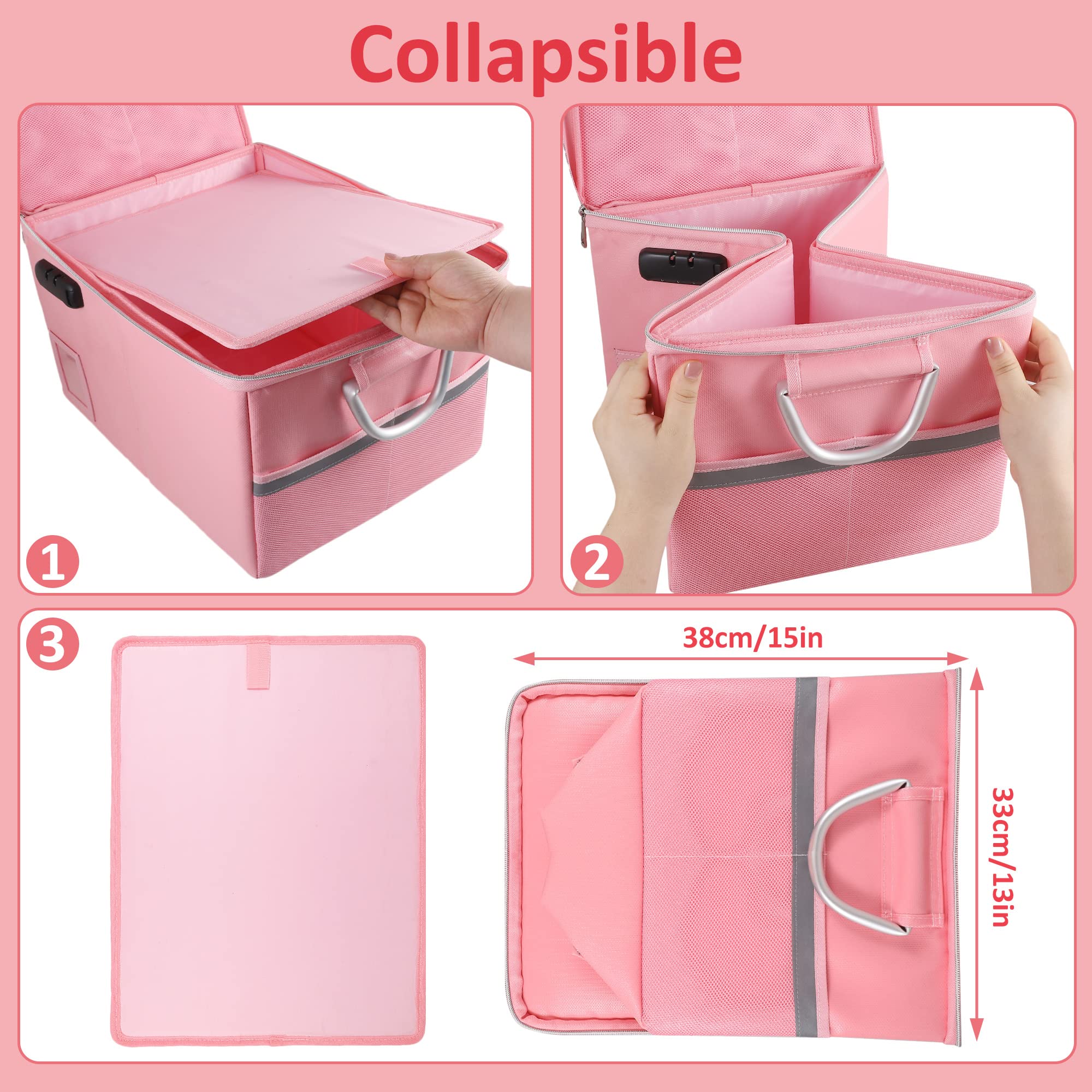 Fireproof Document Box with Lock - Portable File Organizer & Office Safe for Hanging Letter/Legal Folders (16.1 x 12.9 x 11 Inches, Pink) - Ideal for Home, Office & Emergency Document Storage