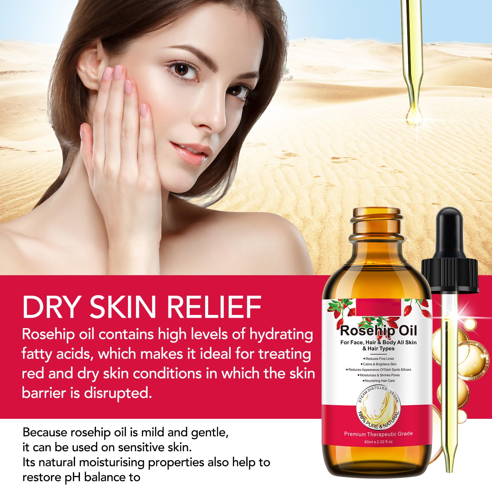 100% Pure & Natural Rosehip Oil 60ml (2.02 fl oz) - Organic Cold-Pressed Rose Hip Seed Oil for Face, Body, Hair & Skin Care - Anti-Aging Moisturizer, Dry Skin Relief & Hair Treatment - Perfect for Night Routine, DIY Beauty & Spa Treatments