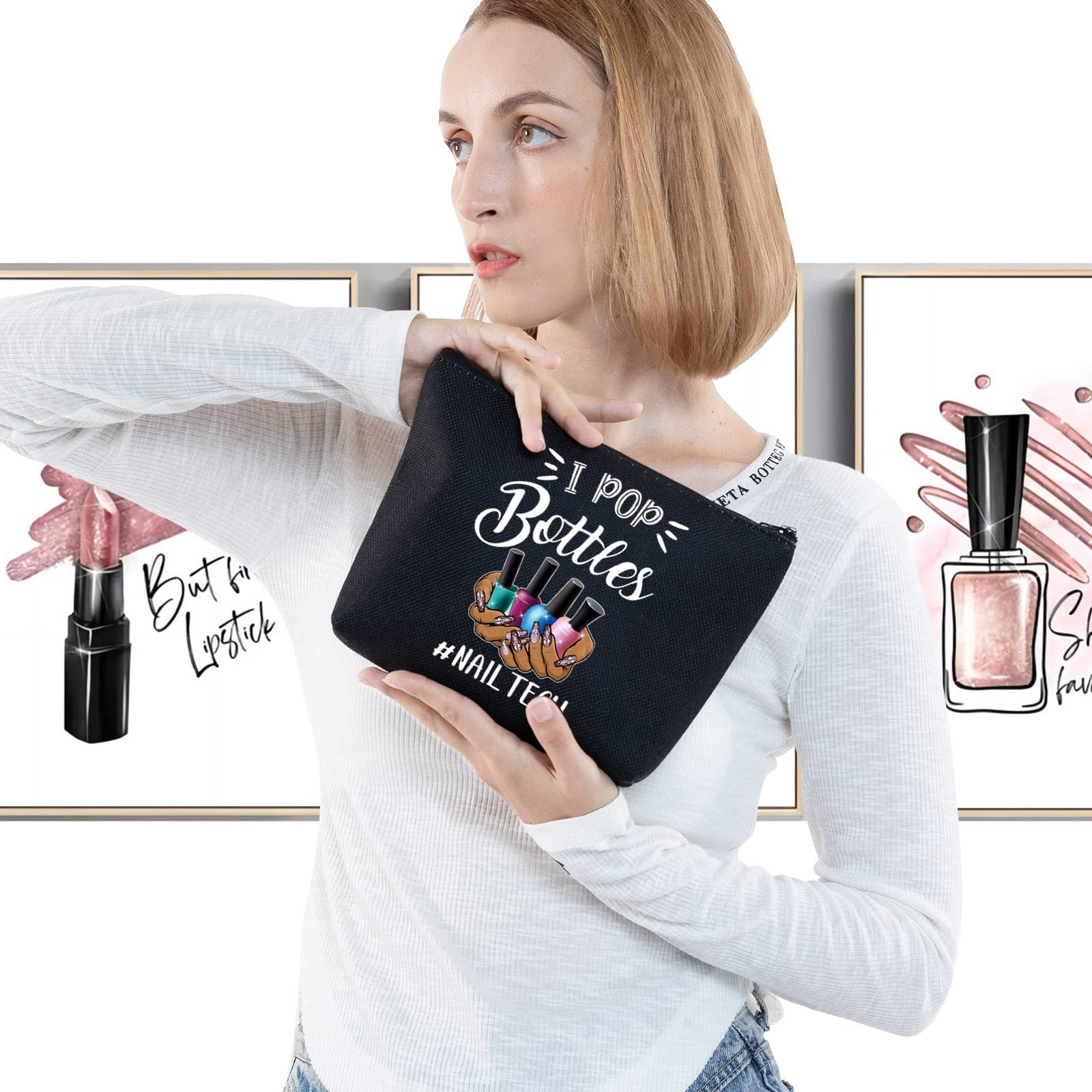LEVLO Professional Nail Technician Cosmetic Bag - Waterproof Manicurist Makeup Pouch with Zipper, Perfect Gift for Nail Artists & Beauty Professionals (Black I Pop Bottles Design) - Ideal for Salon Storage, Travel Organizer & Cosmetics Collection