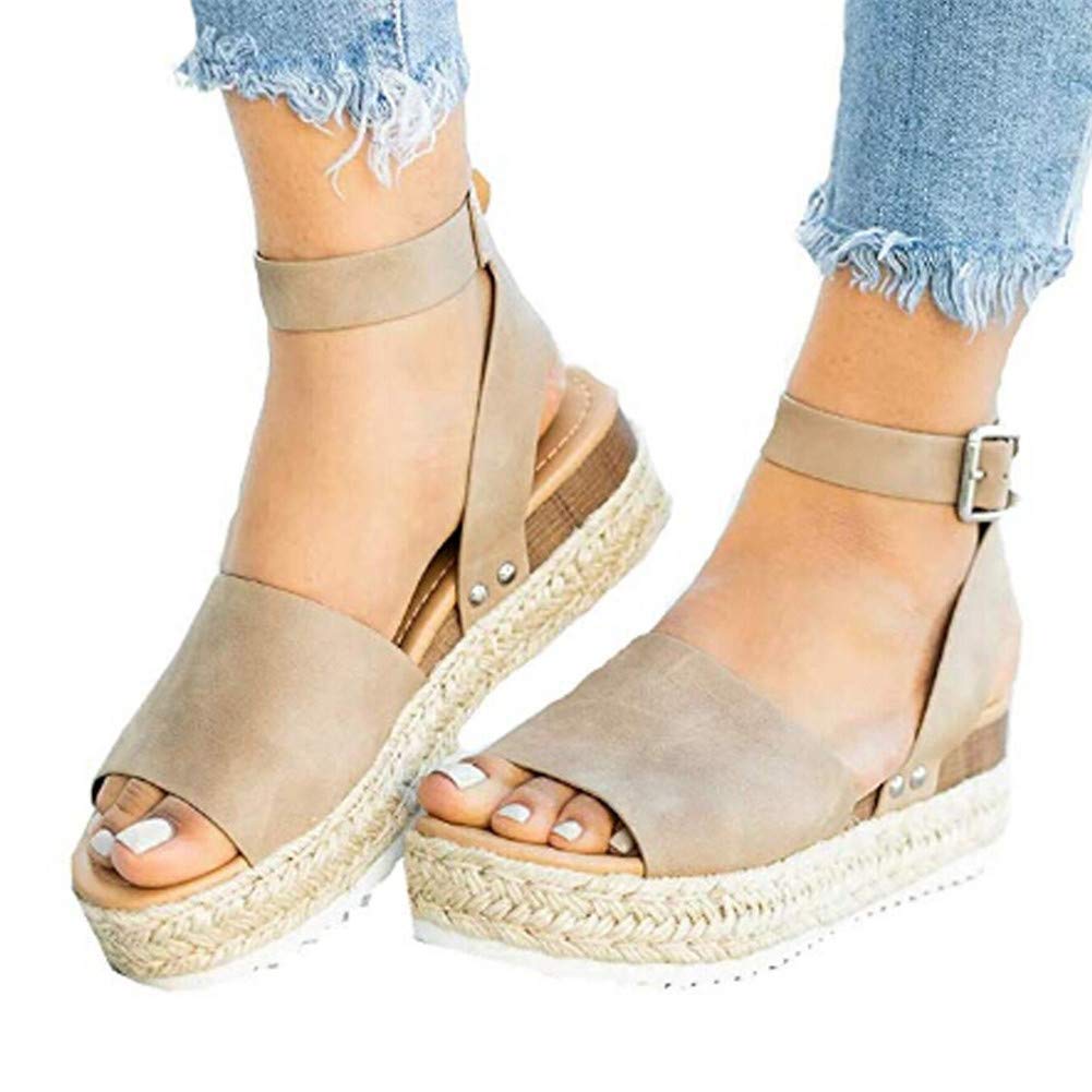 Women's Wide Width Wedge Sandals with Ankle Buckle - 2020 Fashion Summer Beach Sandals, Open Toe Espadrille Platform Shoes for Casual Outings & Vacations