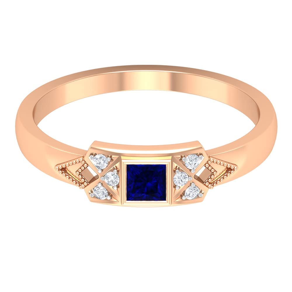 1/4 CT Lab-Created Blue Sapphire & Diamond Ring in 14K Solid Gold - Princess Cut Created Blue Sapphire Promise Ring with Diamond Accents - Perfect for Engagement, Anniversary, or Gift Giving