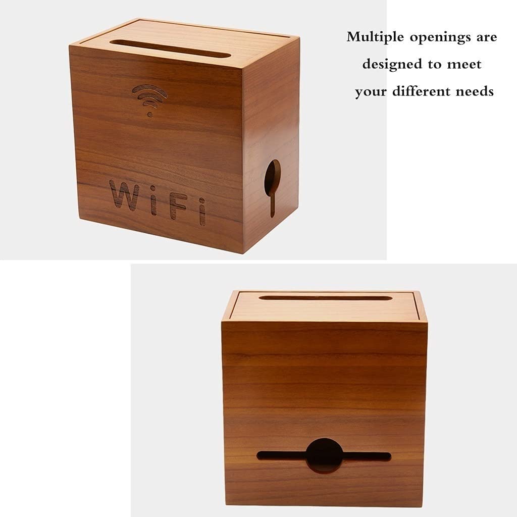 Wooden WiFi Router Storage Box with Power Strip Management - Desktop Organizer for Wireless Router, Cables & Accessories | Perfect for Home Office, Living Room & Bedroom Organization