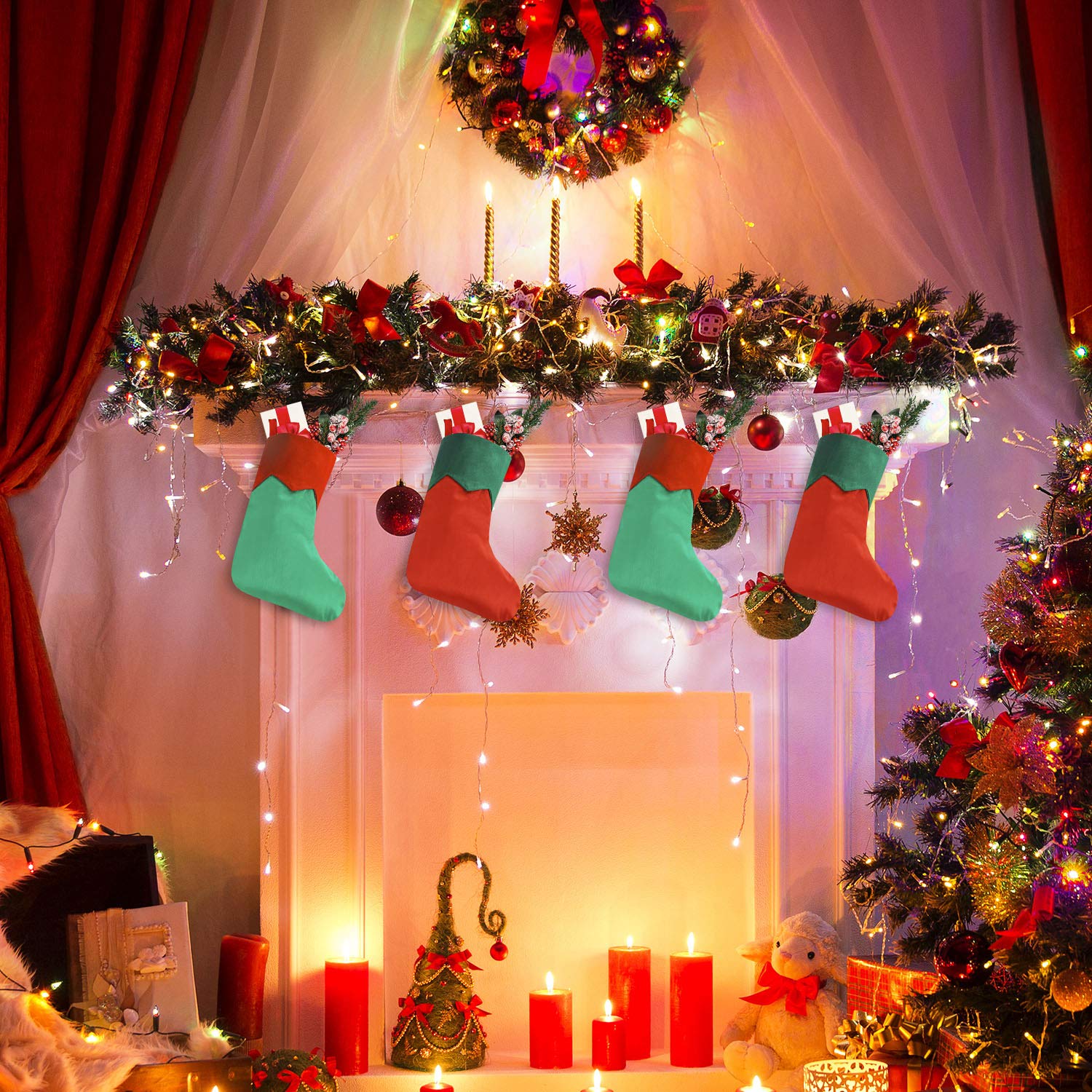 Syhood 7 Inch Christmas Stockings - 24 Pack Festive Xmas Tree Hanging Stockings for Holiday Decor, Gift Exchange & Christmas Party Decorations - Perfect for Fireplace Mantel, Staircase & Home Holiday Decorating