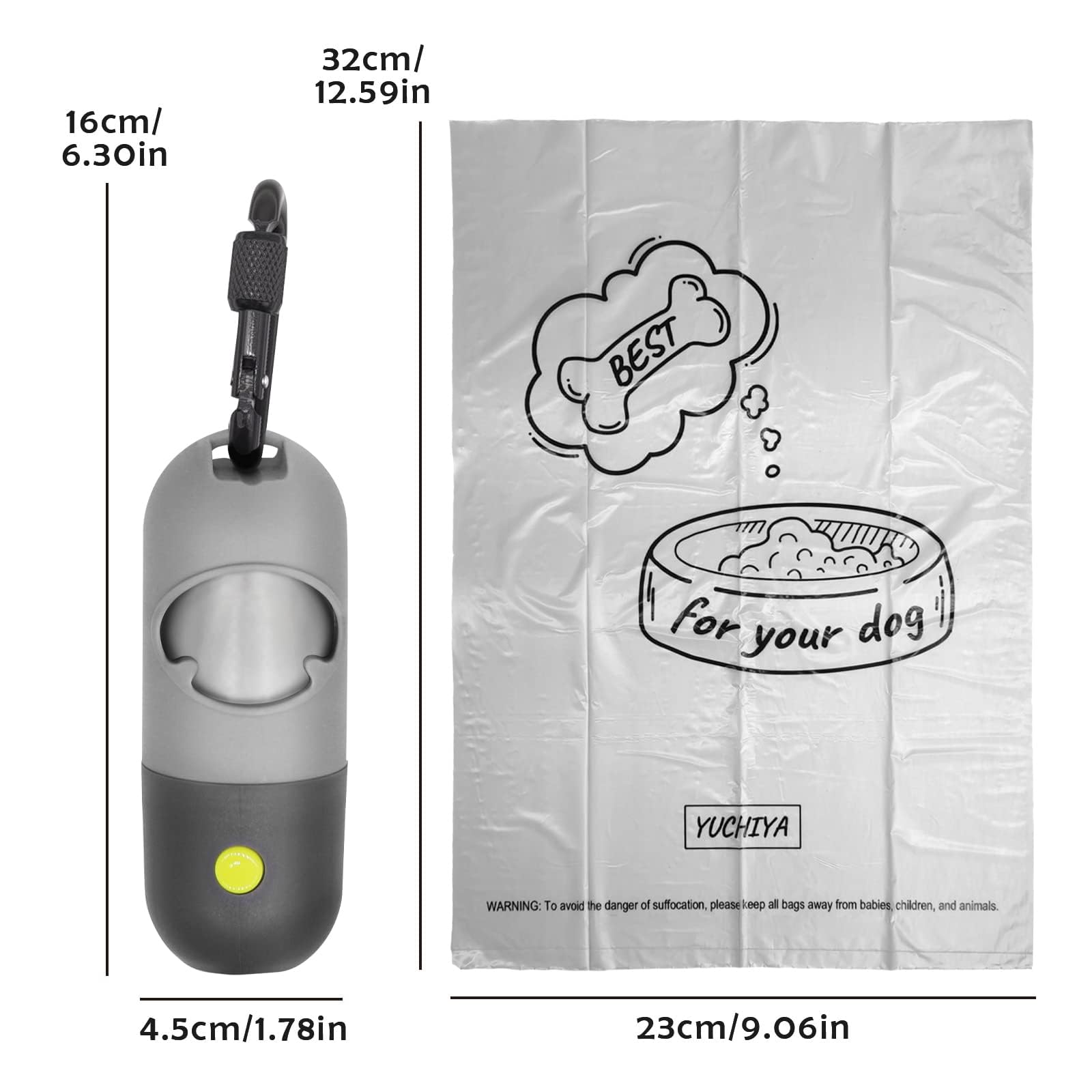 LED Dog Poop Bag Holder with Flashlight - Leash Attachable Pet Waste Dispenser | Leak-Proof Doggie Potty Bags Container with 15 Refill Bags (Grey/Black) - Perfect for Night Walks, Park Visits & Outdoor Adventures
