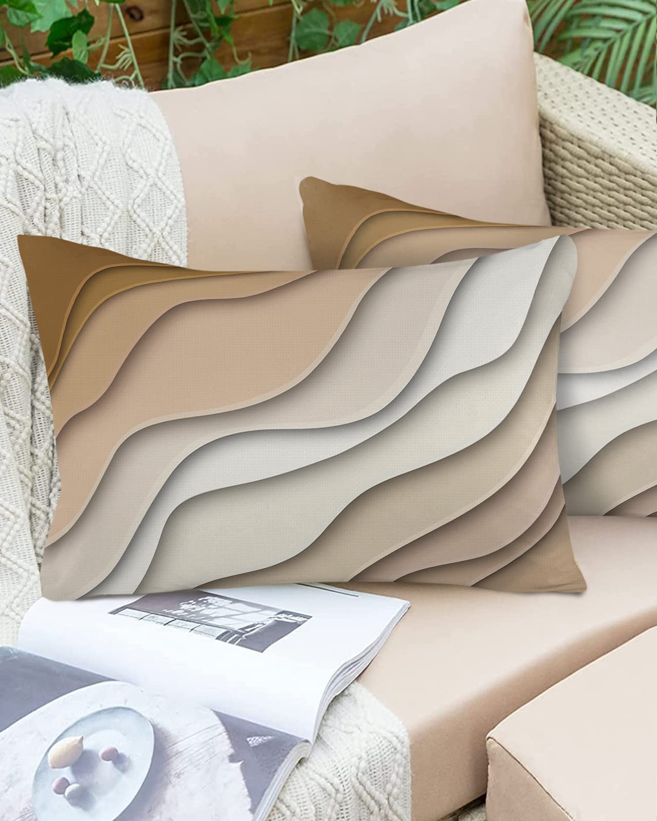 Waterproof Outdoor Throw Pillow Cover Set of 2 - Modern Geometric Brown Lumbar Pillowcases 20x12 Inches, Abstract Beach Design for Patio Furniture, Couch & Garden Decor - Perfect for Poolside, Porch & Outdoor Living Spaces