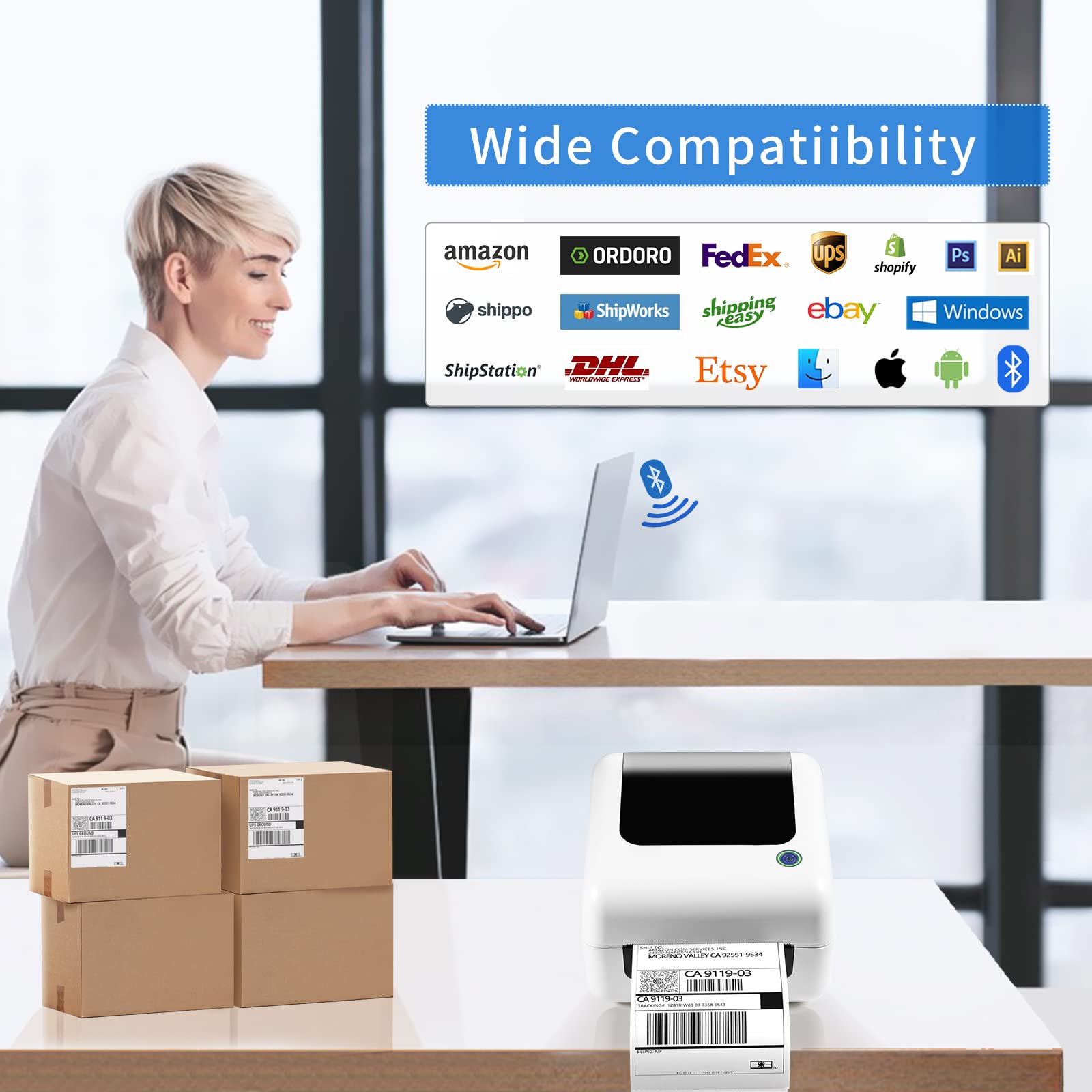 Wireless 4x6 Bluetooth Thermal Shipping Label Printer for Packages - Compatible with iPhone, PC, MAC (USB), Works with eBay, Amazon, Shopify, Etsy, UPS & USPS Barcode - Perfect for Home Business, E-commerce Sellers & Small Business Shipping Needs