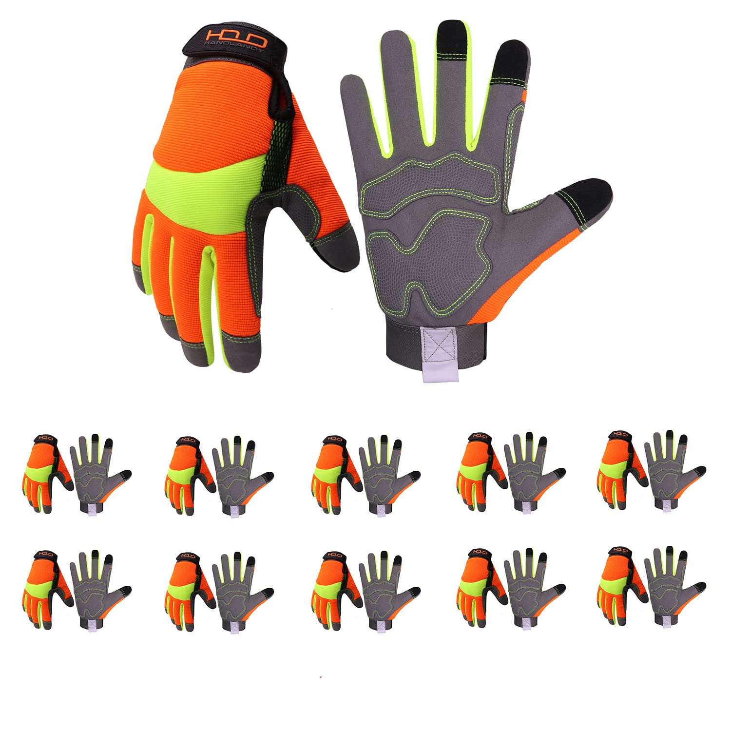 HLDD HANDLANDY High Visibility Safety Work Gloves for Men & Women - Touchscreen Compatible Mechanic Gloves, Durable Utility Gloves (XL, Orange, 10 Pairs) - Perfect for Construction, Warehouse, Automotive & Outdoor Work