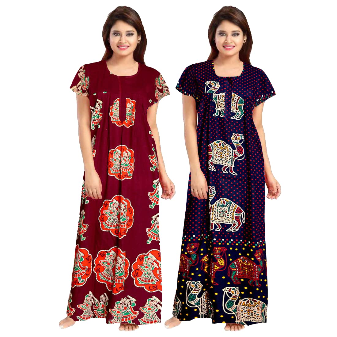 Women's 100% Soft Cotton Jaipuri Printed Indian Nightgown - Full Length Night Dress for Sleepwear (Pack of 2, Free Size) | Comfortable Loungewear for Home & Travel