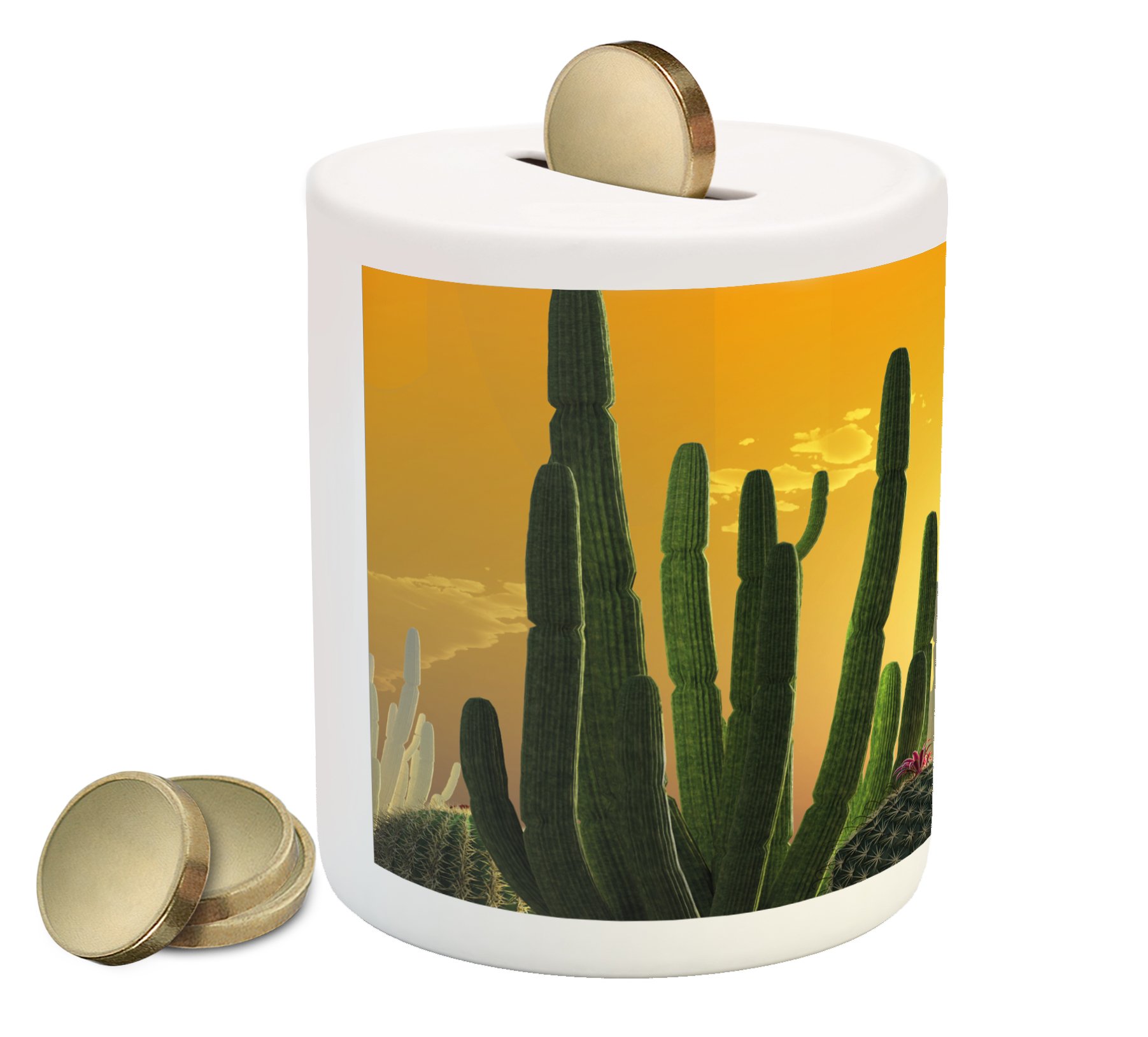 Ambesonne Cactus Piggy Bank - Desert Sunset Ceramic Coin Bank for Cash Savings, Marigold Yellow & Green | Unique Money Box for Kids Room Decor, Office Desk Organizer, or Gift Idea